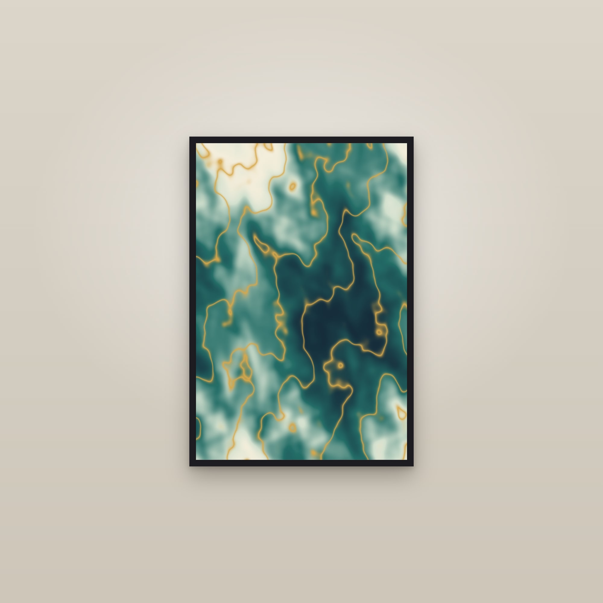 Marble Abstract Art Print — Teal & Gold Veined Poster · Bold Modern Wall Art — framed in a gallery setting
