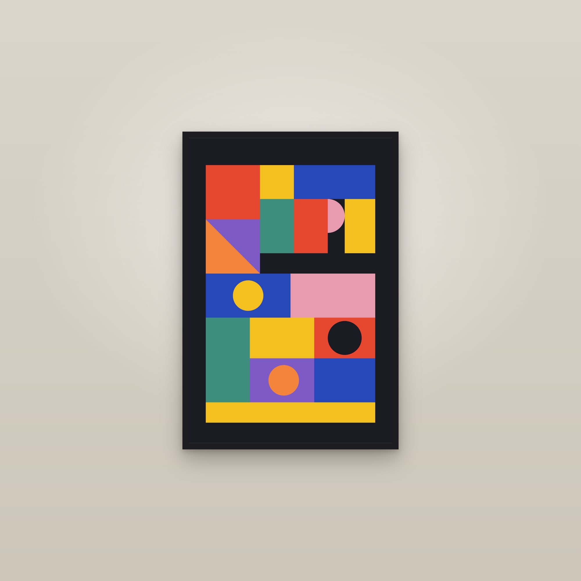 Geometric Mosaic Art Print — Bold Colour Block Poster · Modern Abstract Wall Art — framed in a gallery setting