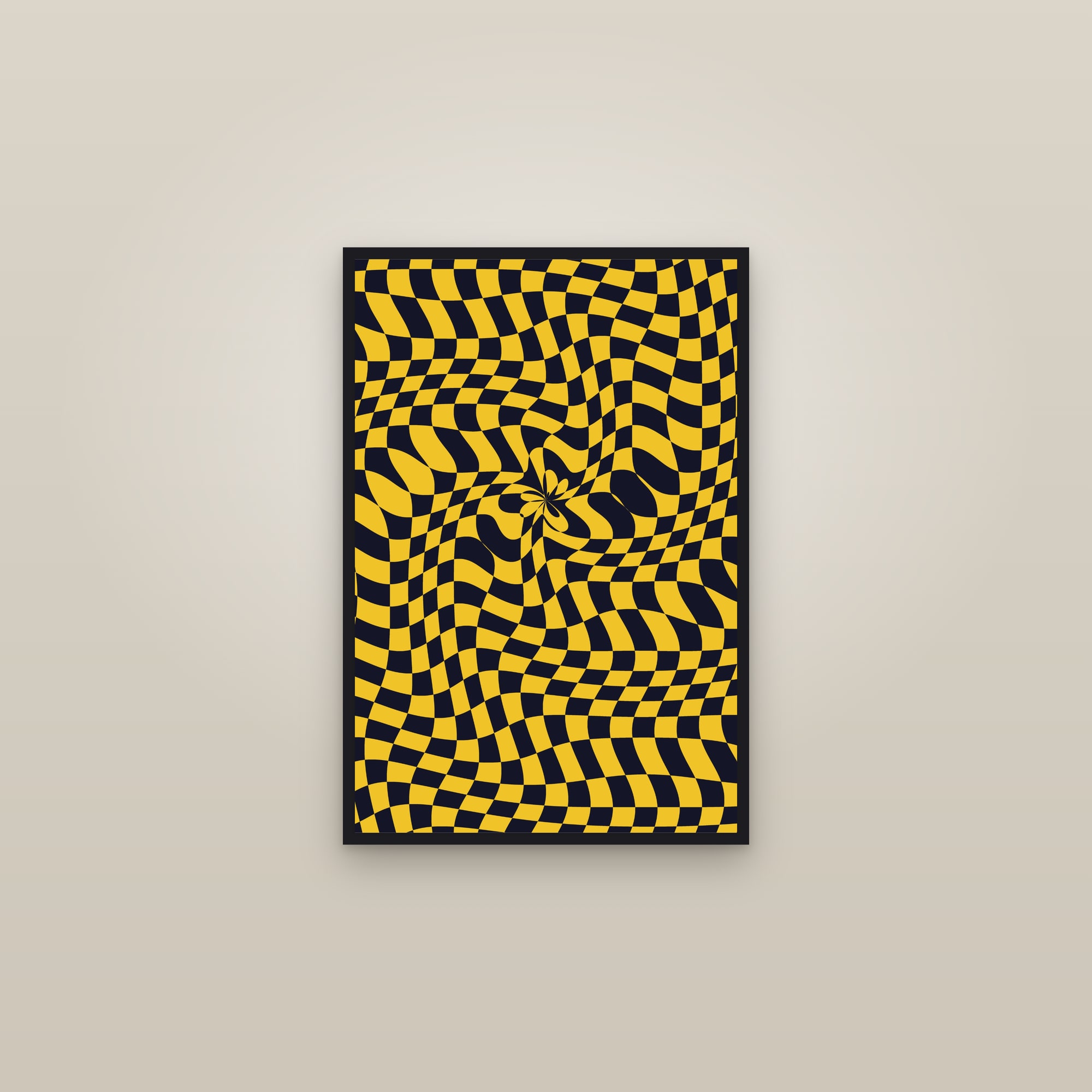 Op Art Warp Art Print — Optical Checkerboard Poster · Bold Modern Wall Art — framed in a gallery setting