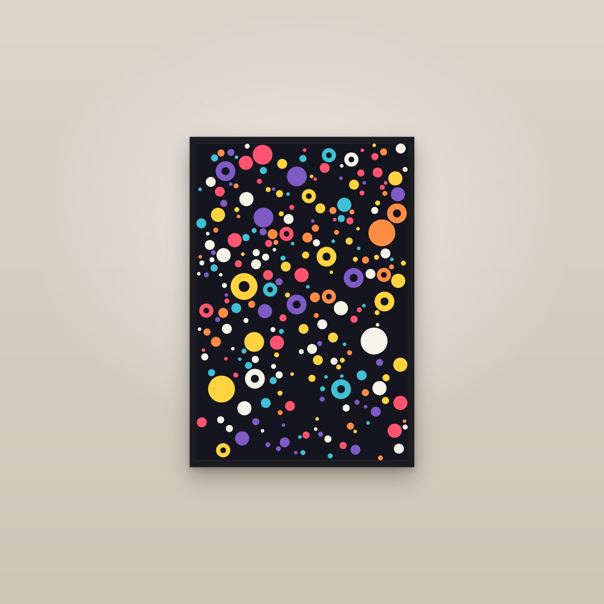 Circle Packing Art Print (Dark) — Dot Abstract on Black · Bold Modern Wall Art — framed in a gallery setting