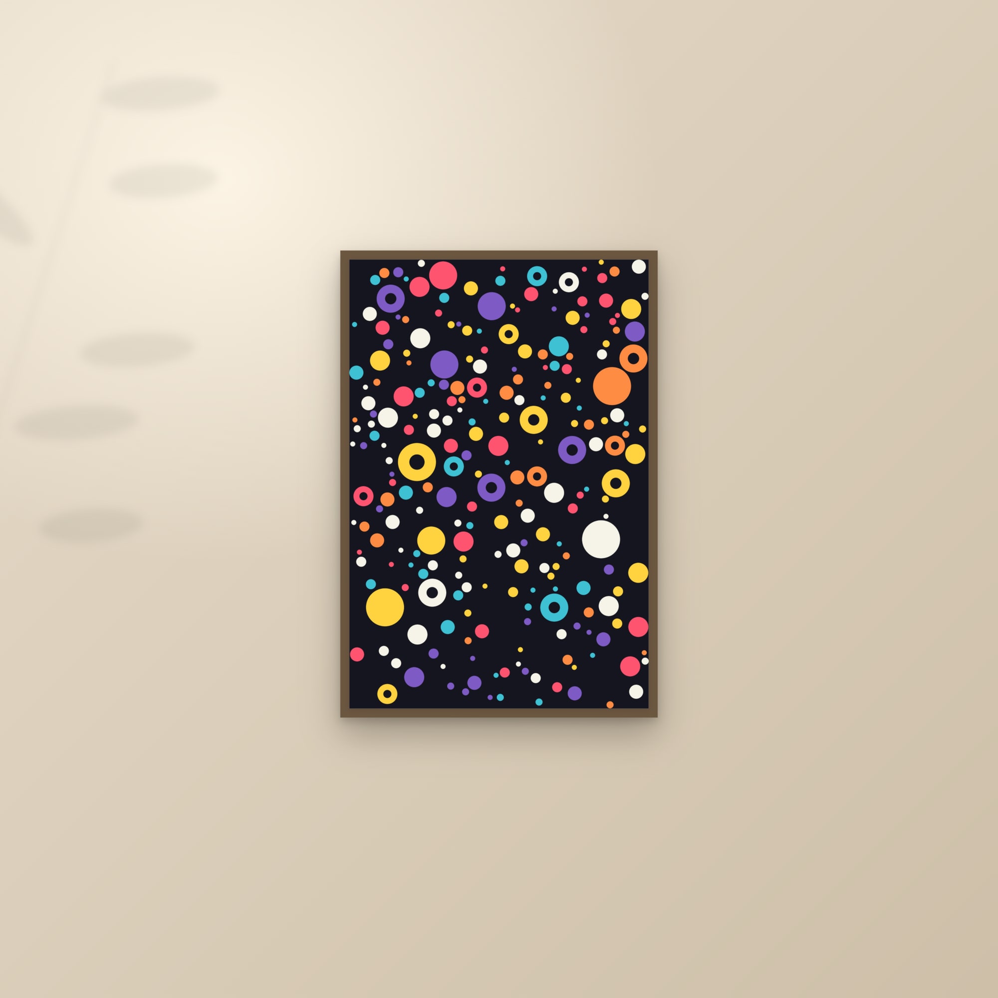 Circle Packing Art Print (Dark) — Dot Abstract on Black · Bold Modern Wall Art — framed and styled on a sunlit wall