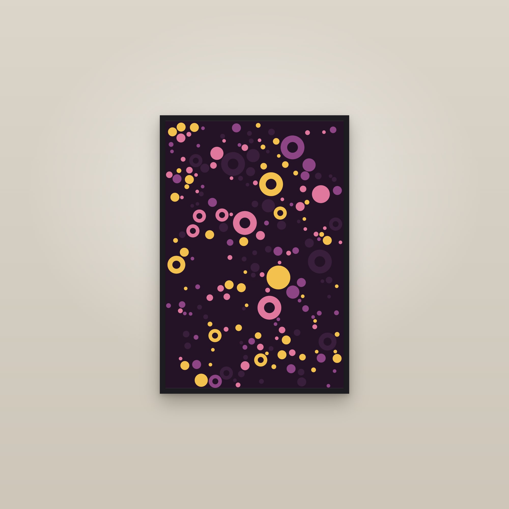 Plum Circle Packing Art Print — Bold Dot Abstract Poster · Modern Wall Art — framed in a gallery setting