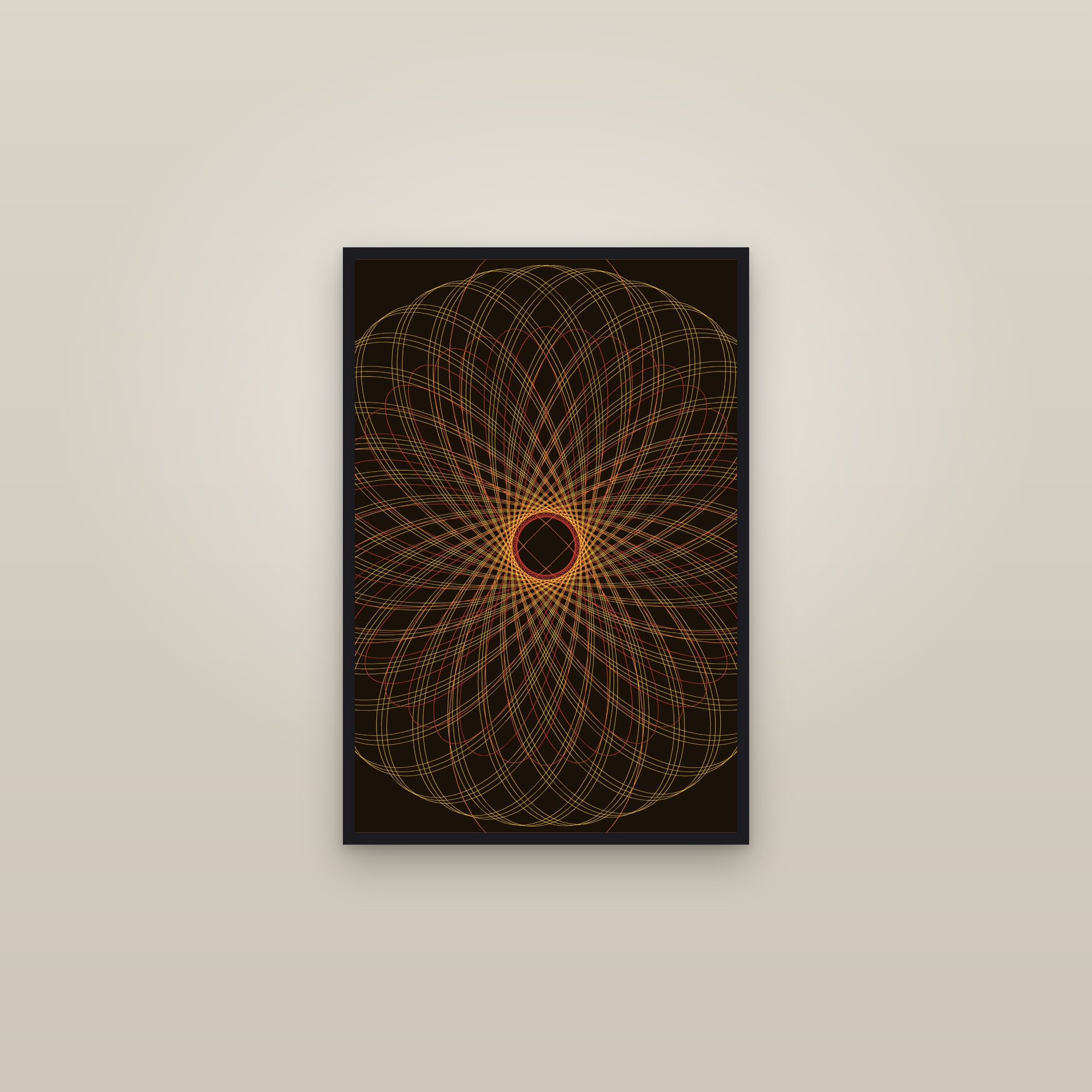 Amber Spirograph Art Print — Bold Geometric Mandala Poster · Modern Wall Art — framed in a gallery setting