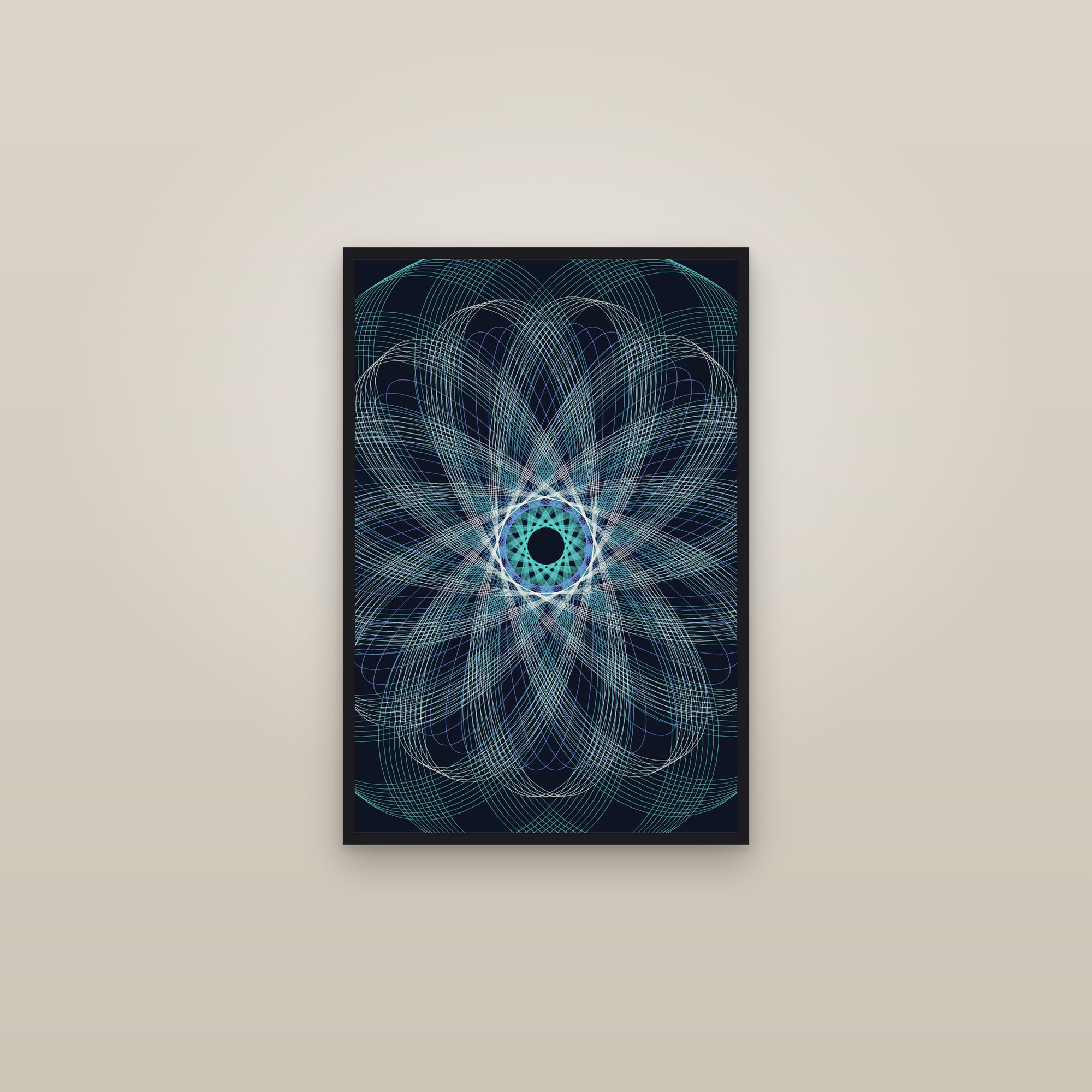 Ice Spirograph Art Print — Bold Geometric Mandala Poster · Modern Wall Art — framed in a gallery setting