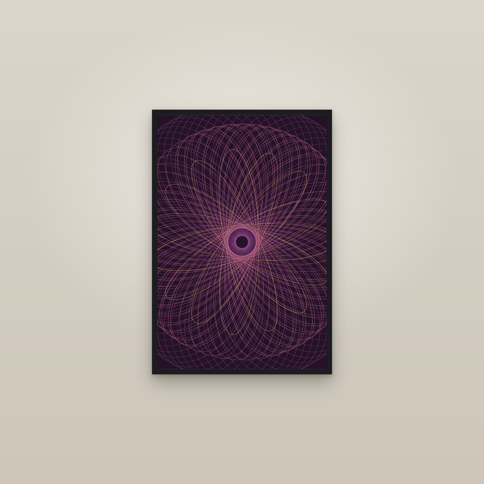 Plum Spirograph Art Print — Bold Geometric Mandala Poster · Modern Wall Art — framed in a gallery setting