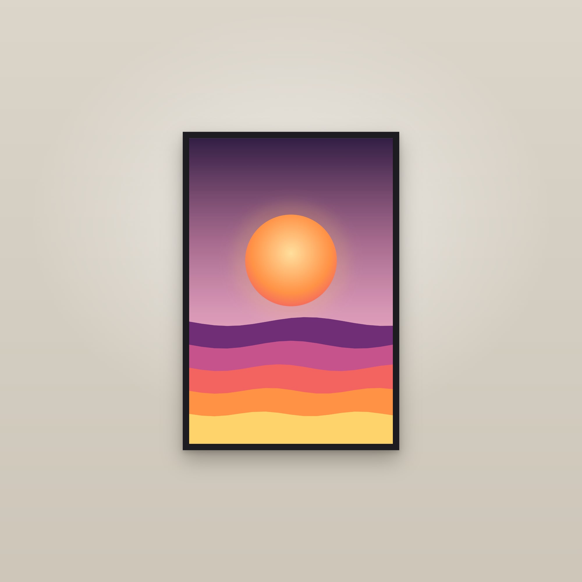 Sunset Boho Sun Art Print — Bold Abstract Sun & Horizon Poster · Modern Wall Art — framed in a gallery setting