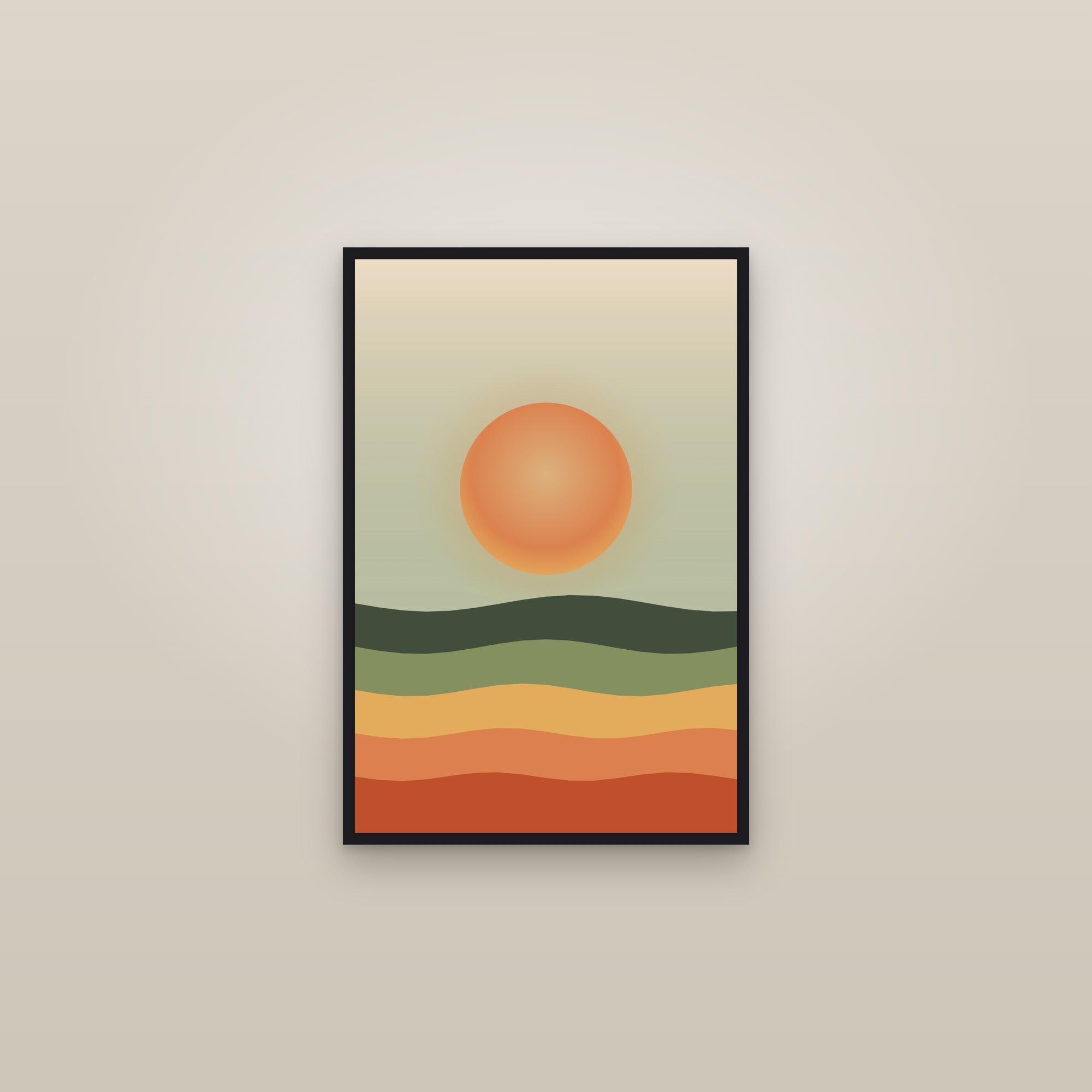 Terracotta Boho Sun Art Print — Bold Abstract Sun & Horizon Poster · Modern Wall Art — framed in a gallery setting