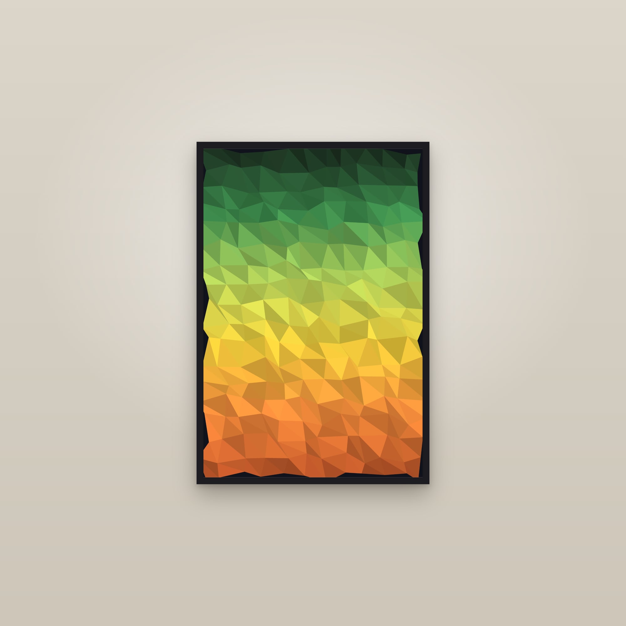 Citrus Low-Poly Triangles Art Print — Bold Geometric Gradient Poster · Modern Wall Art — framed in a gallery setting