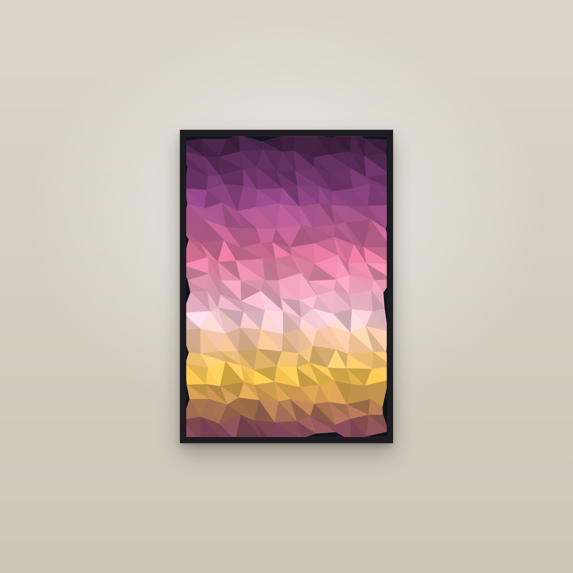 Plum Low-Poly Triangles Art Print — Bold Geometric Gradient Poster · Modern Wall Art — framed in a gallery setting