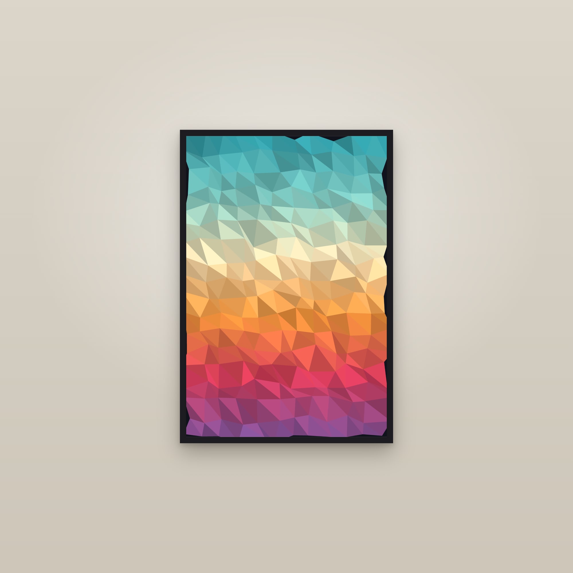 Lagoon Low-Poly Triangles Art Print — Bold Geometric Gradient Poster · Modern Wall Art — framed in a gallery setting