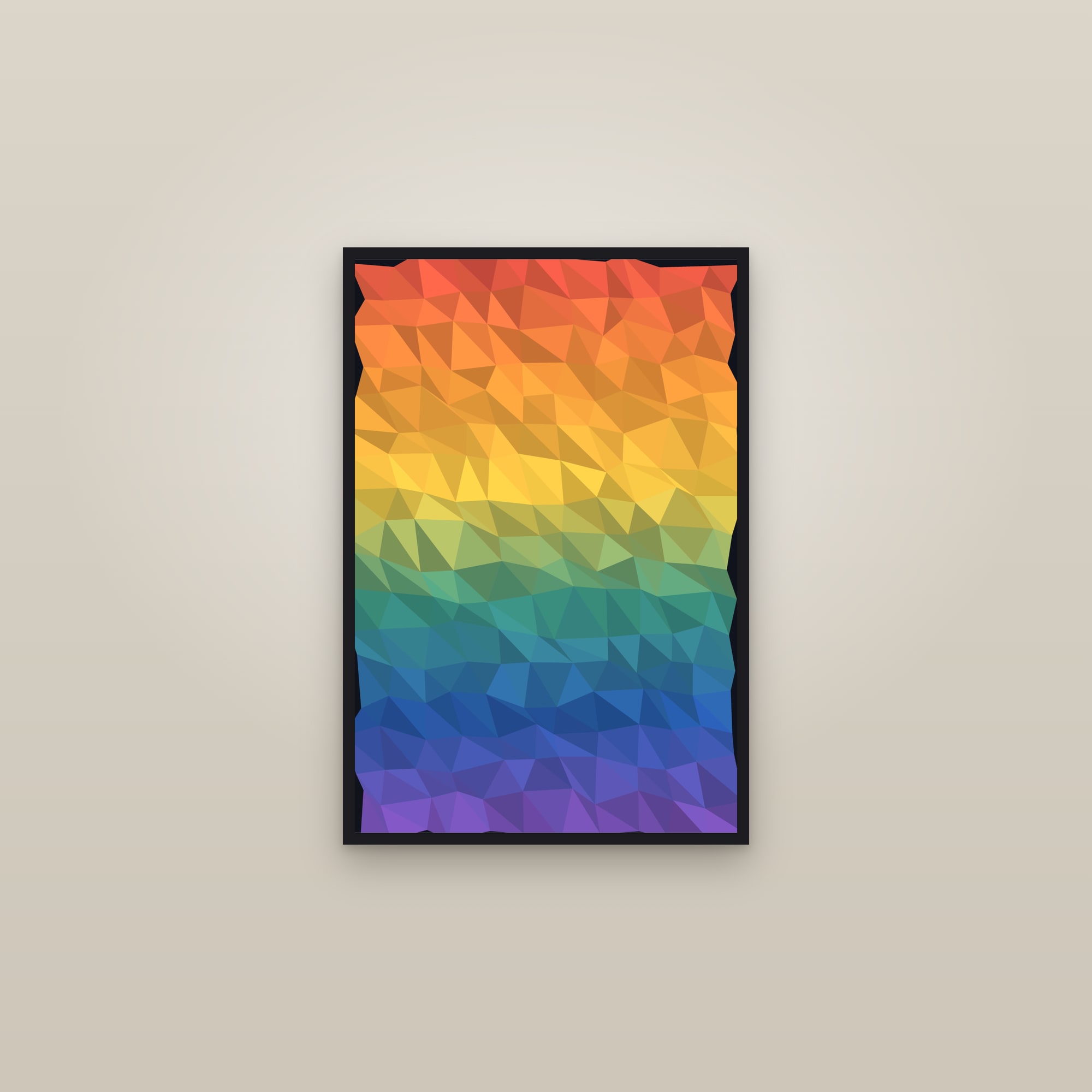 Low-Poly Triangles Art Print — Geometric Gradient Poster · Bold Modern Wall Art — framed in a gallery setting