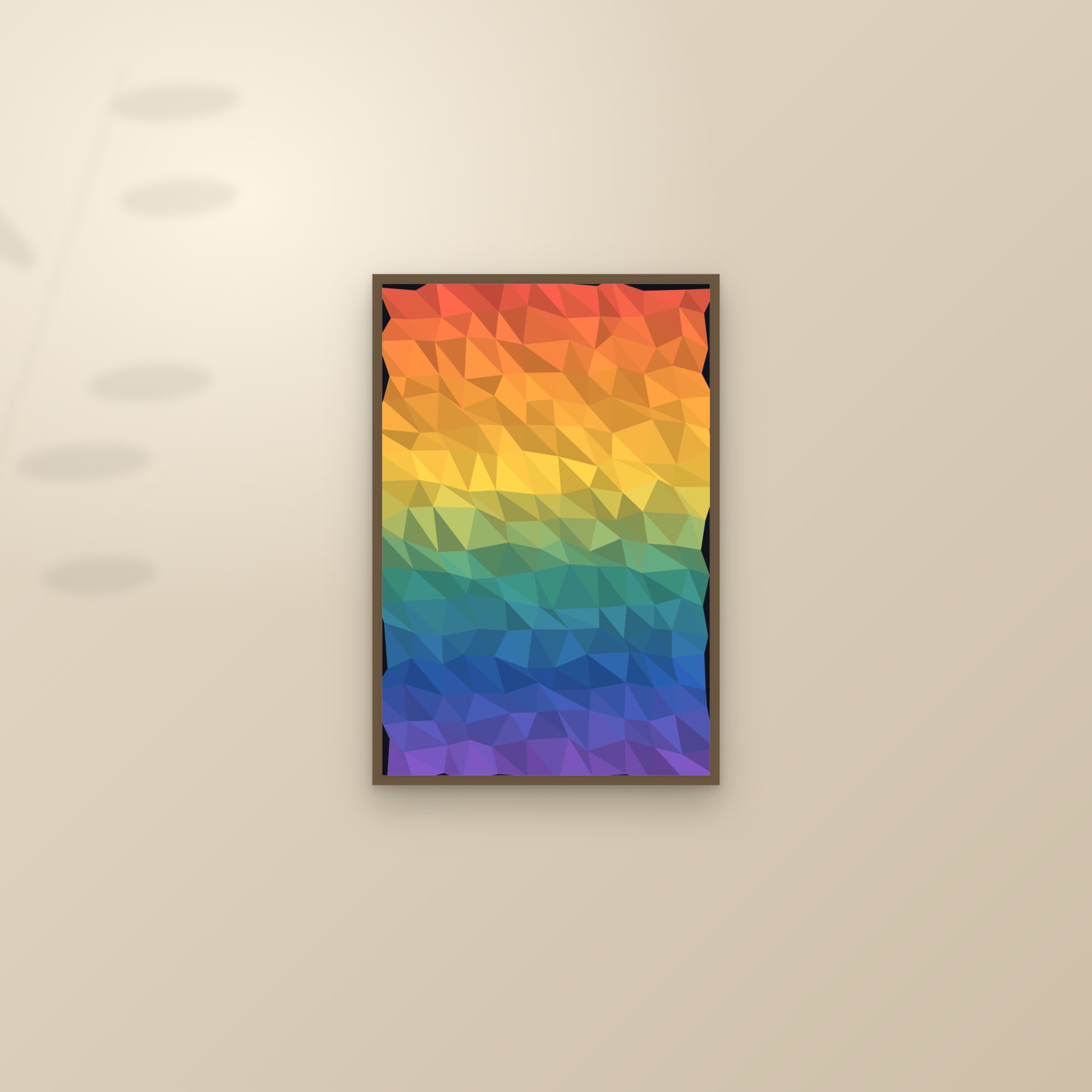 Low-Poly Triangles Art Print — Geometric Gradient Poster · Bold Modern Wall Art — framed and styled on a sunlit wall