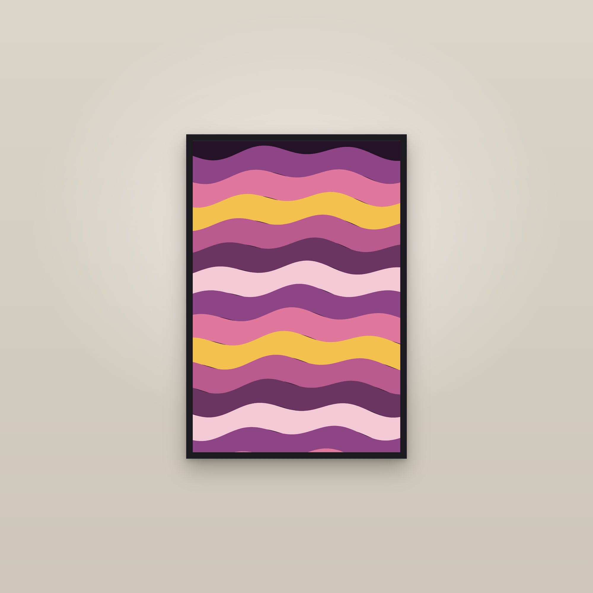 Plum Rainbow Wave Art Print — Bold Op Art Stripe Poster · Modern Wall Art — framed in a gallery setting