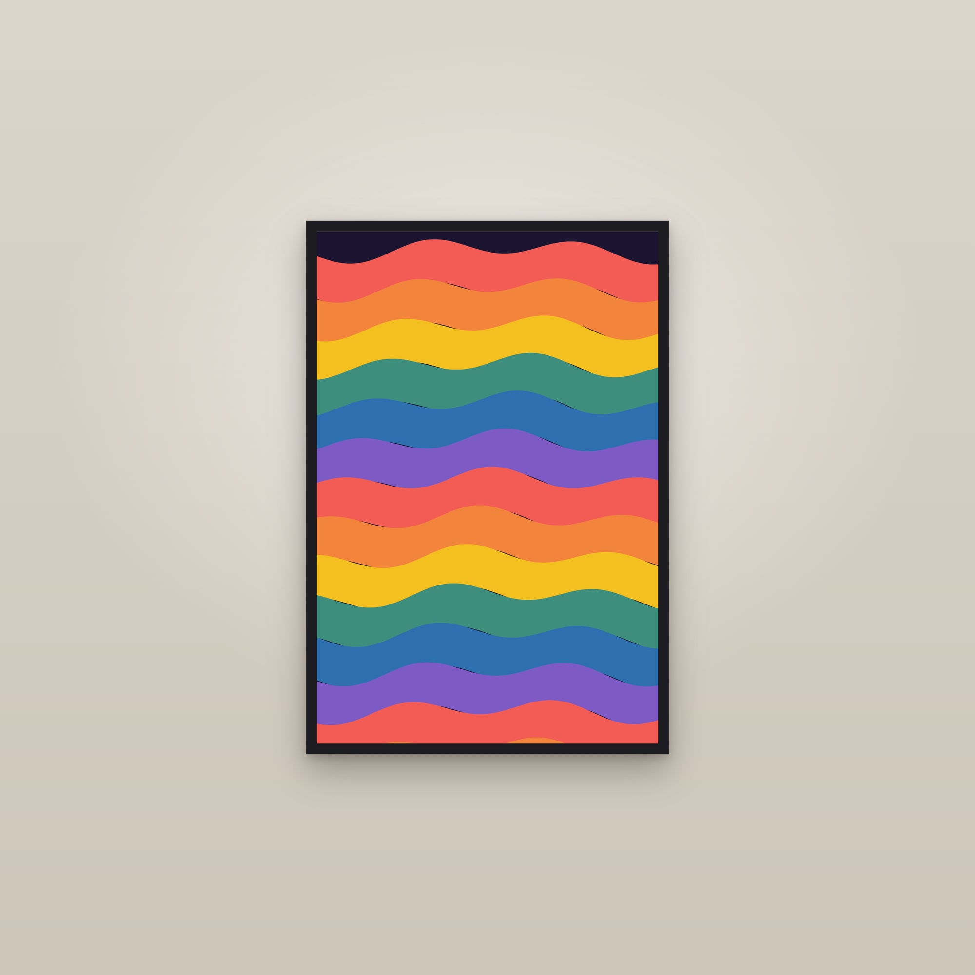 Rainbow Wave Art Print — Op Art Stripe Poster · Bold Colourful Wall Art — framed in a gallery setting