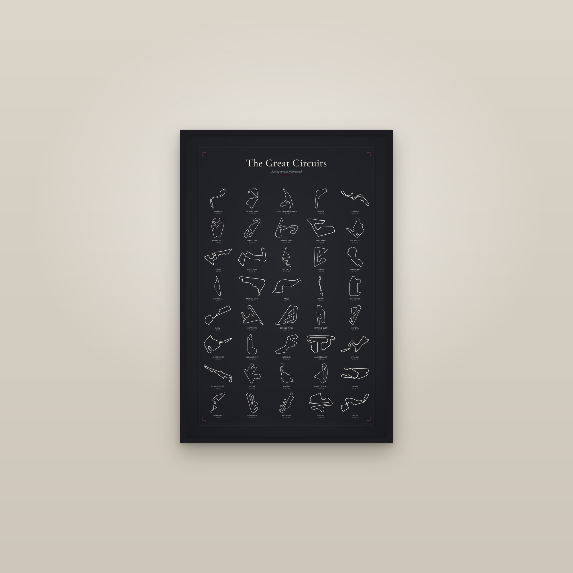 The Great Circuits — Wall Chart — framed in a gallery setting