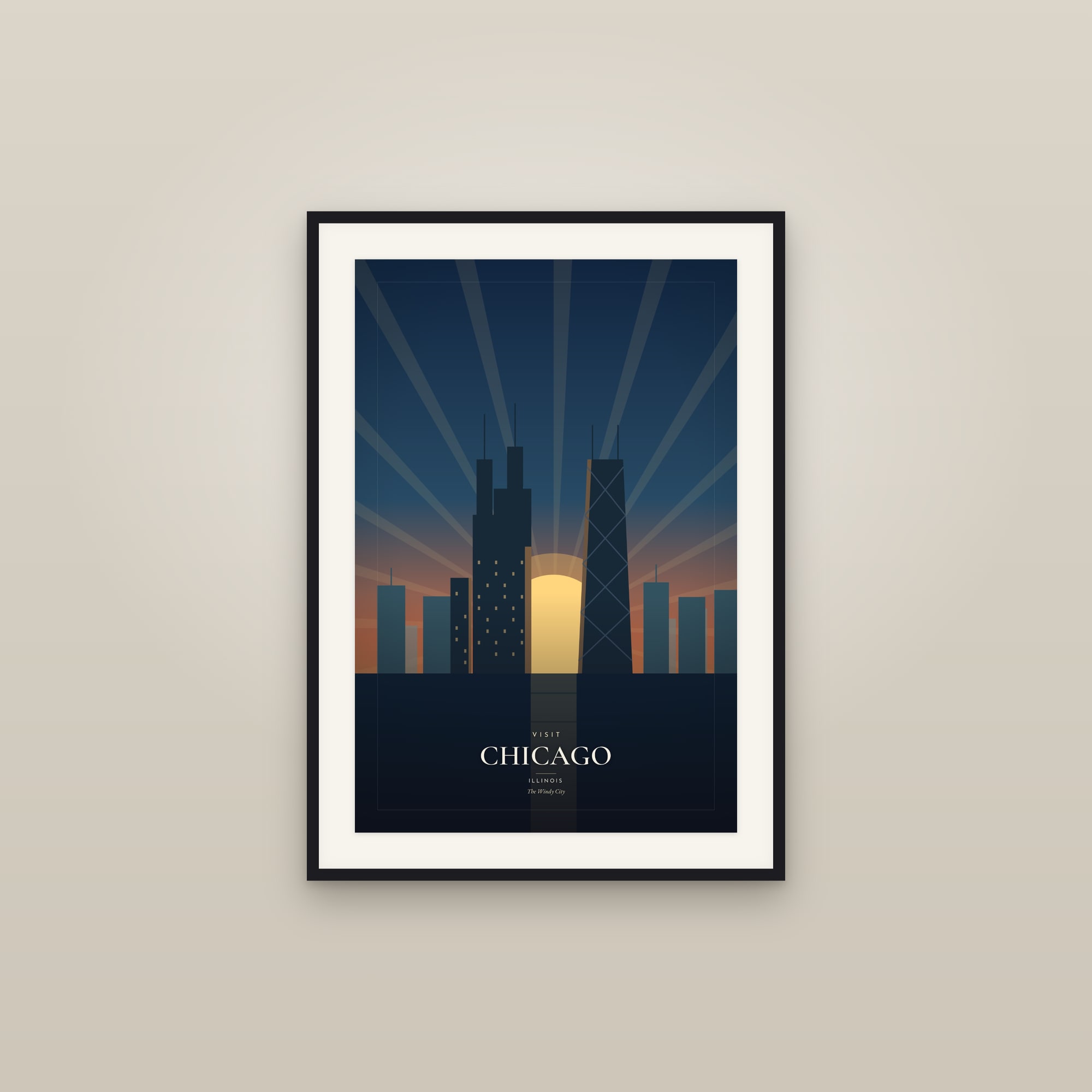 Visit Chicago, Illinois — Travel Poster — framed in a gallery setting