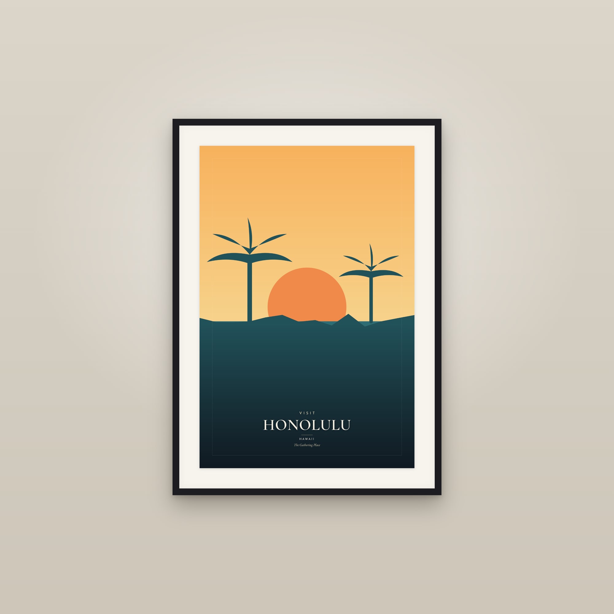 Visit Honolulu, Hawaii — Travel Poster — framed in a gallery setting
