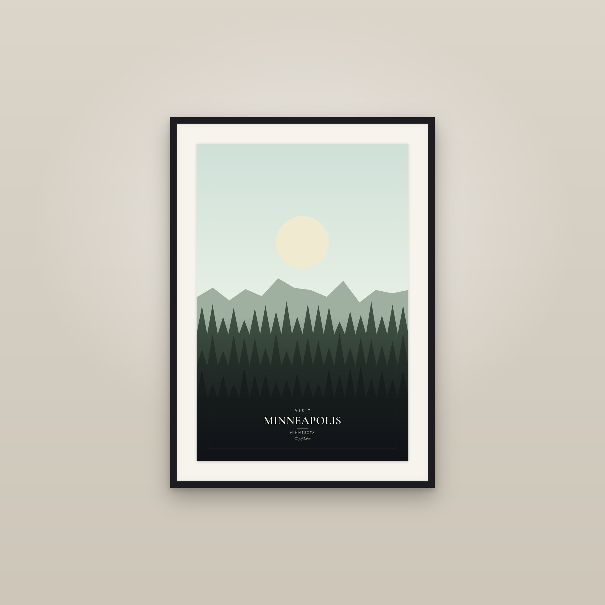 Visit Minneapolis, Minnesota — Travel Poster — framed in a gallery setting