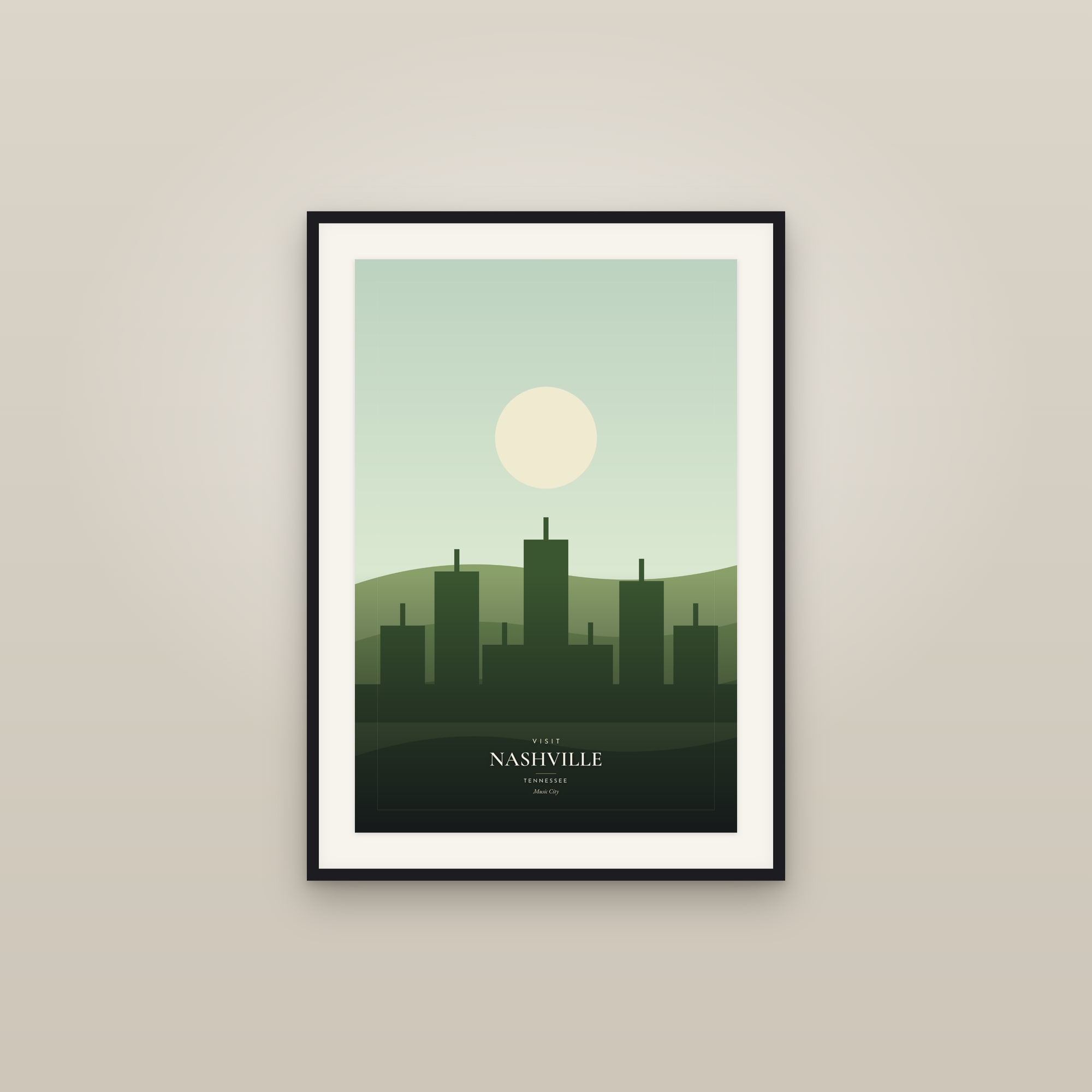 Visit Nashville, Tennessee — Travel Poster — framed in a gallery setting