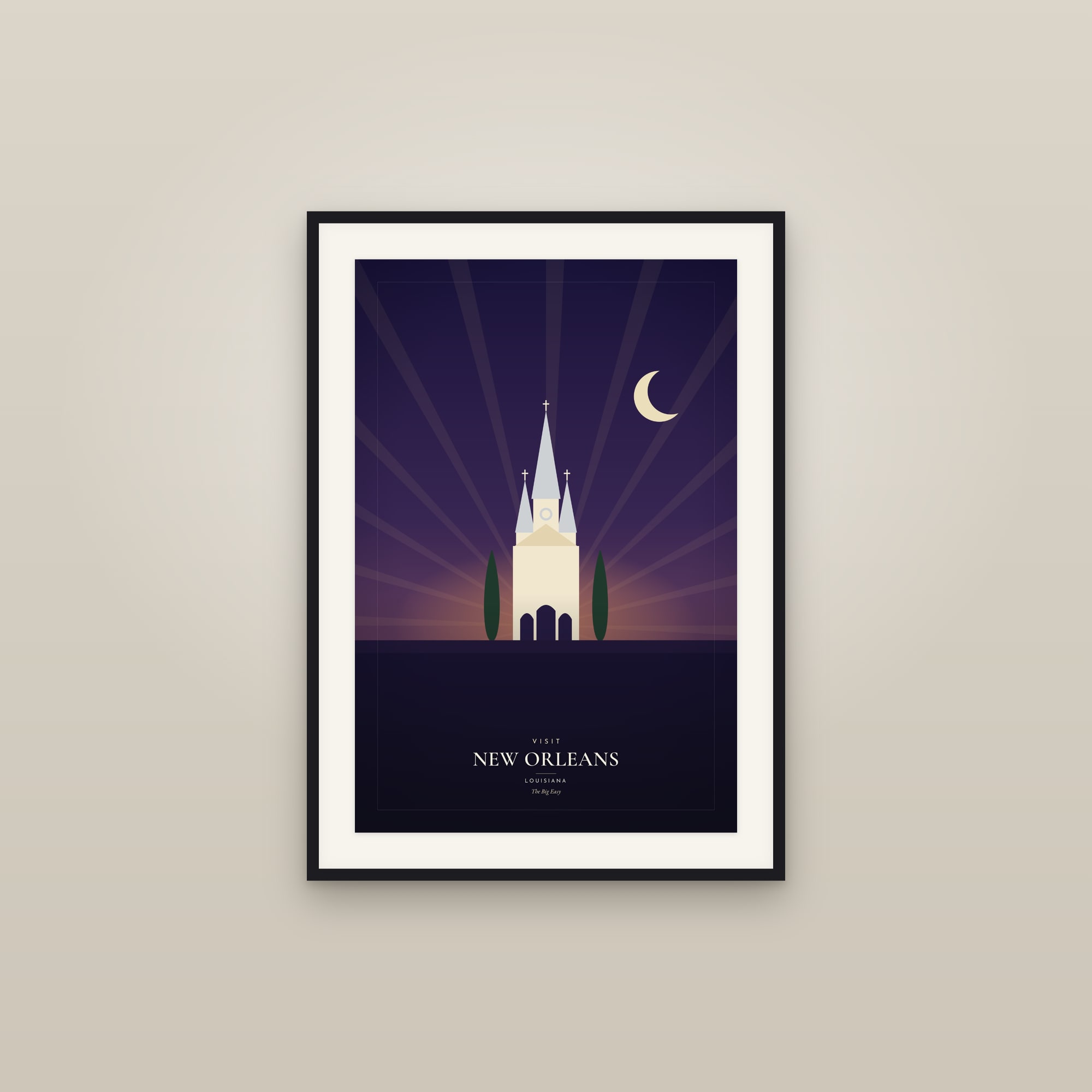 Visit New Orleans, Louisiana — Travel Poster — framed in a gallery setting