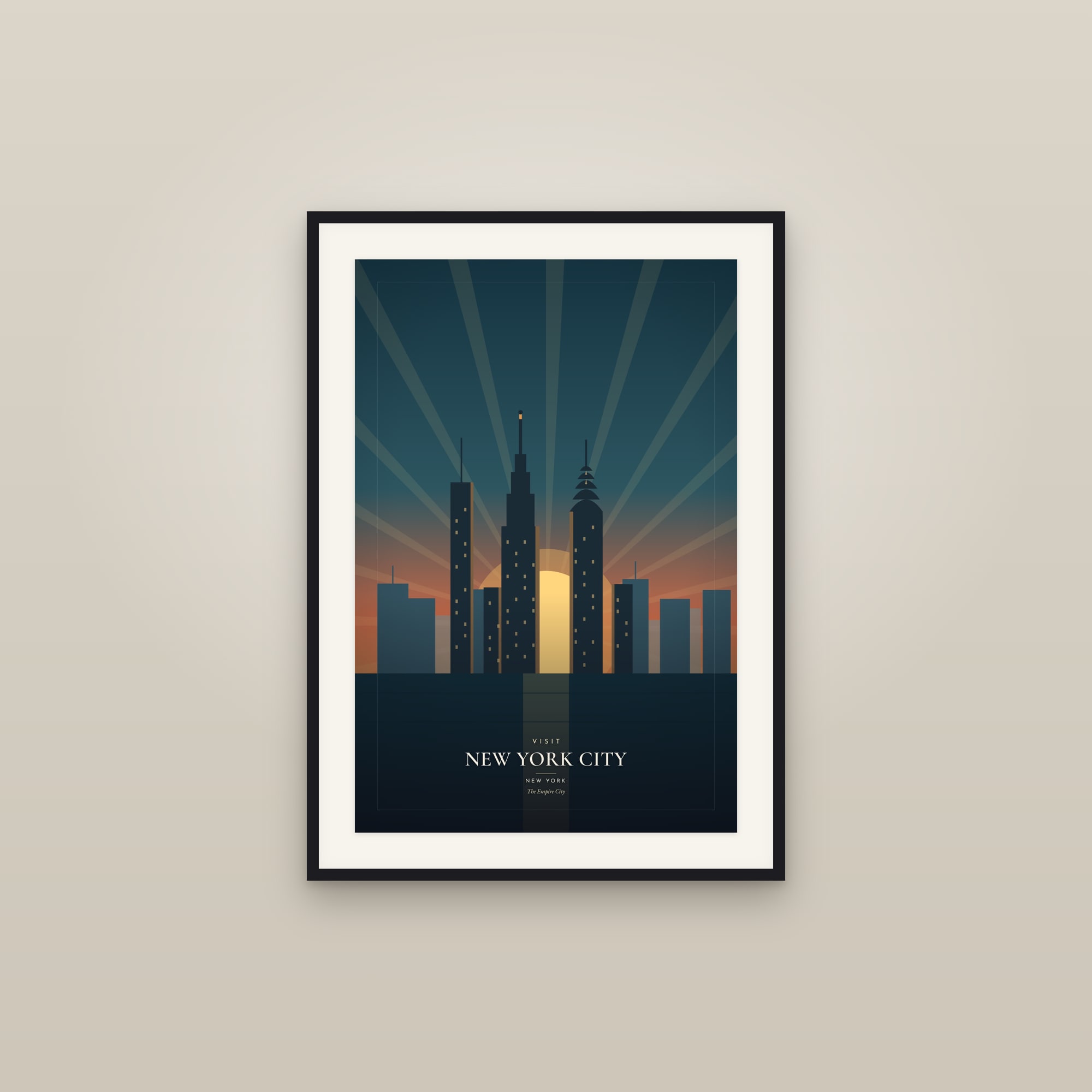 Visit New York City, New York — Travel Poster — framed in a gallery setting