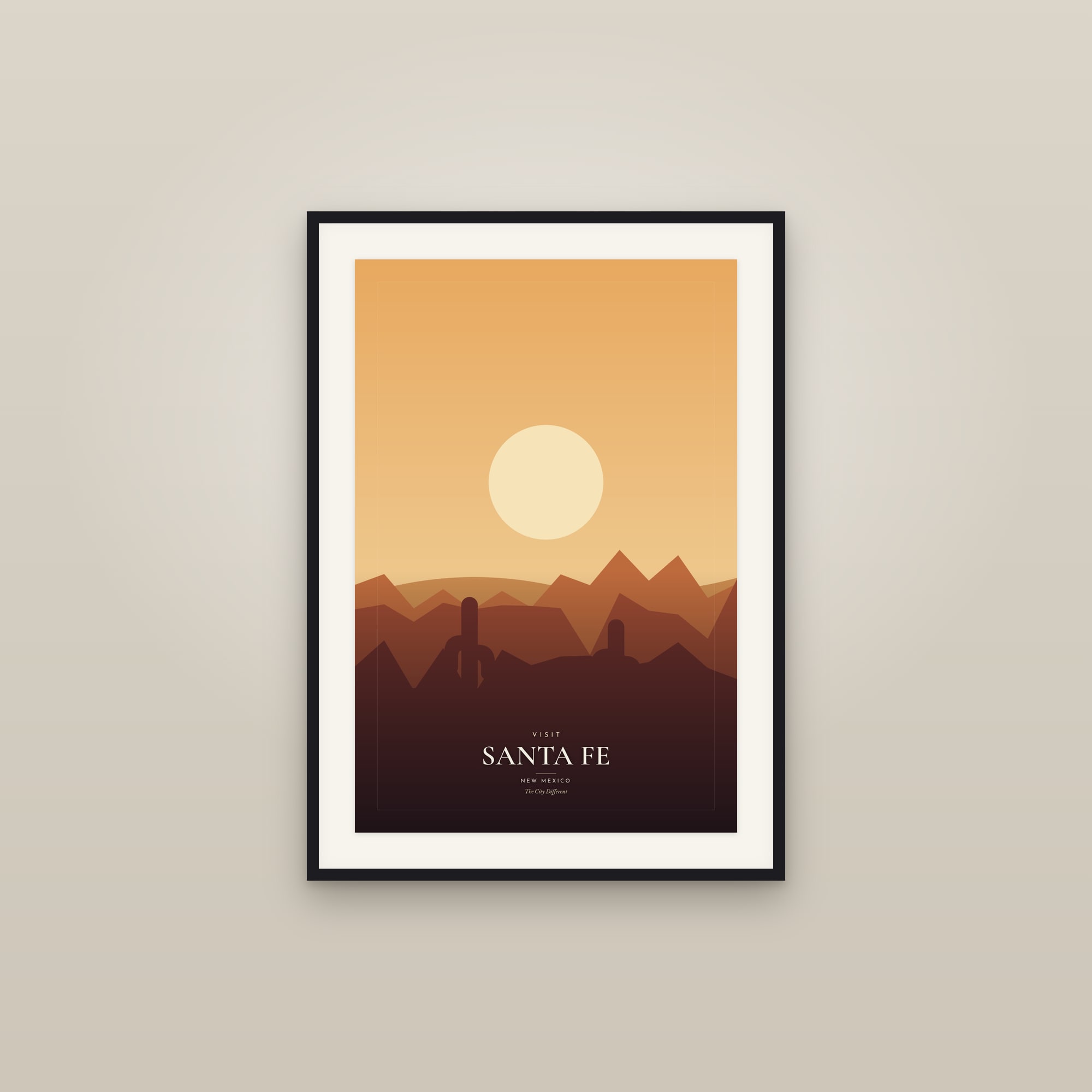 Visit Santa Fe, New Mexico — Travel Poster — framed in a gallery setting