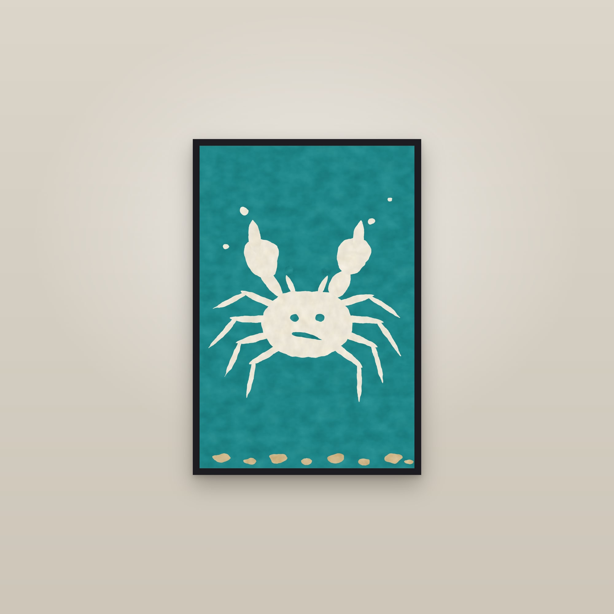 Abstract Crab Print — The Teal Crab — framed in a gallery setting