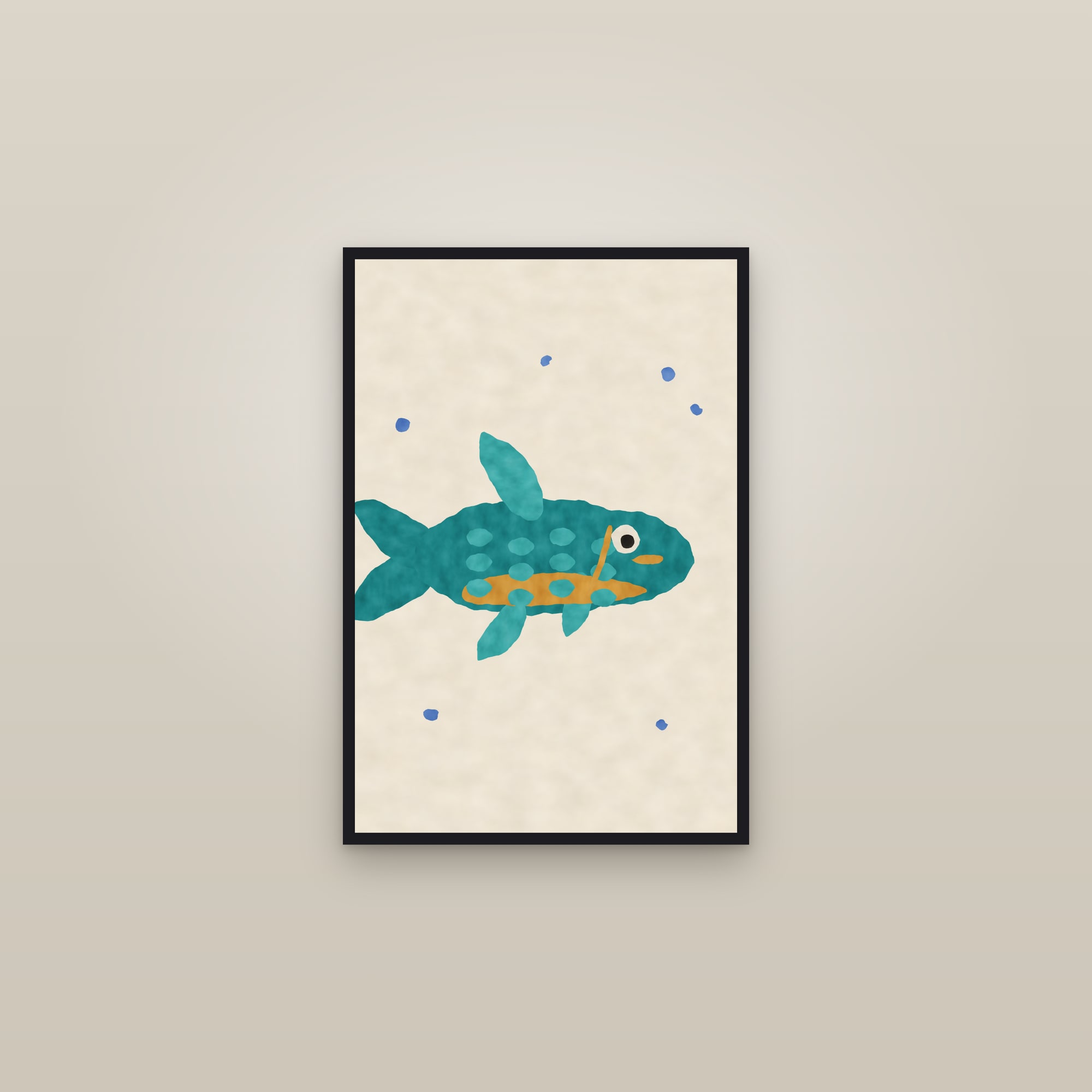 Abstract Fish Print (Abstract Fish) — The Teal Fish — framed in a gallery setting