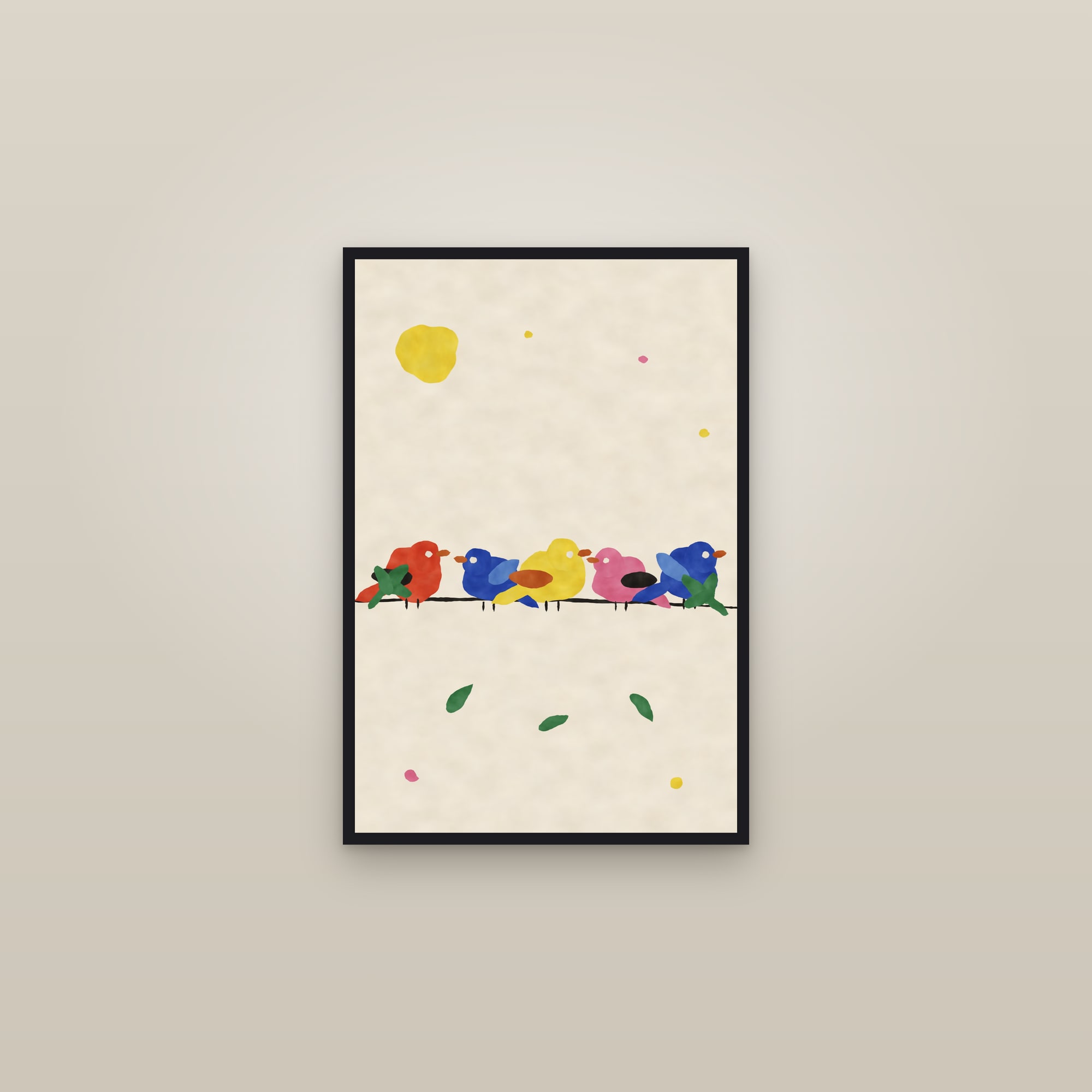 Birds on a Wire Print — The Five Birds — framed in a gallery setting