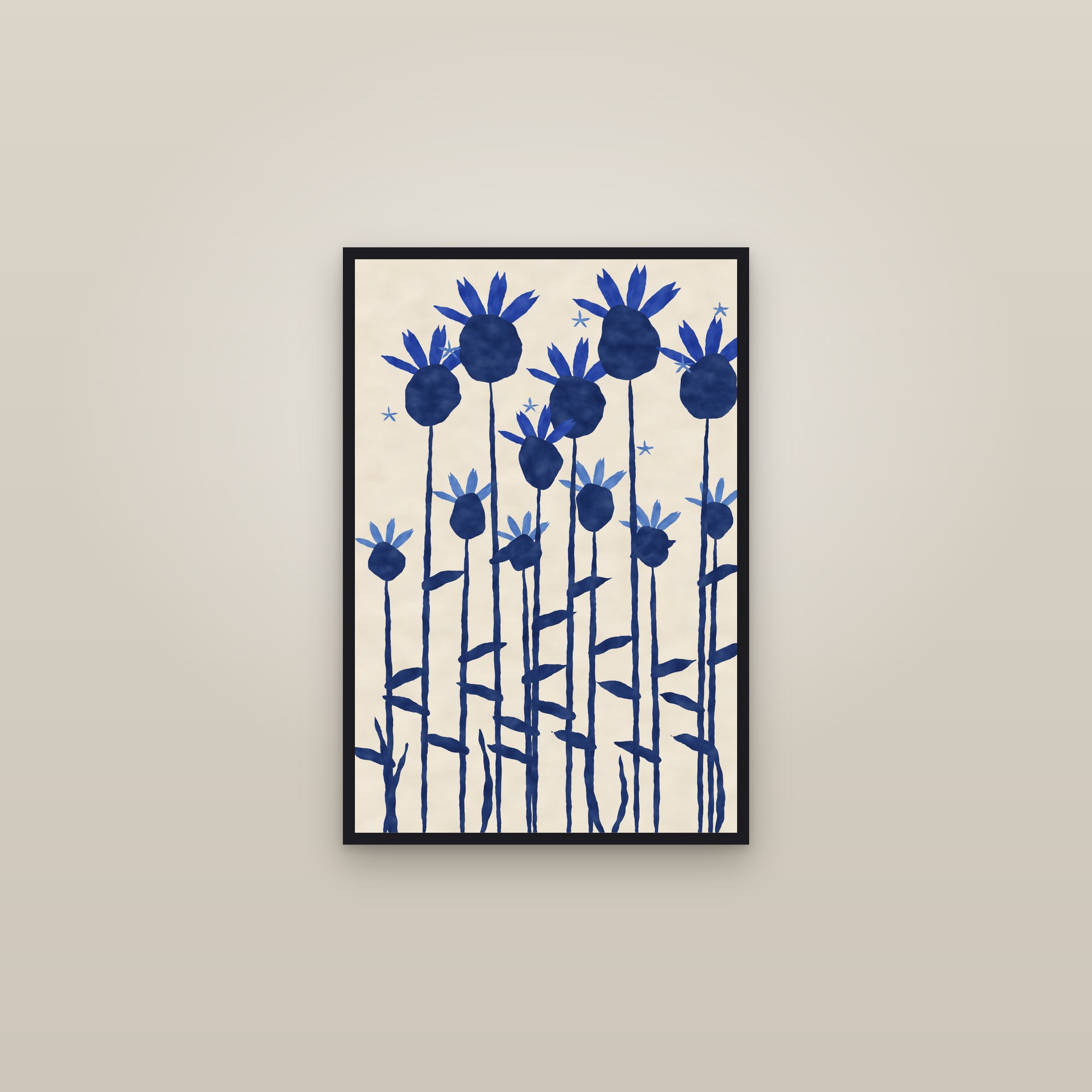 Thistle Print — The Blue Thistles — framed in a gallery setting