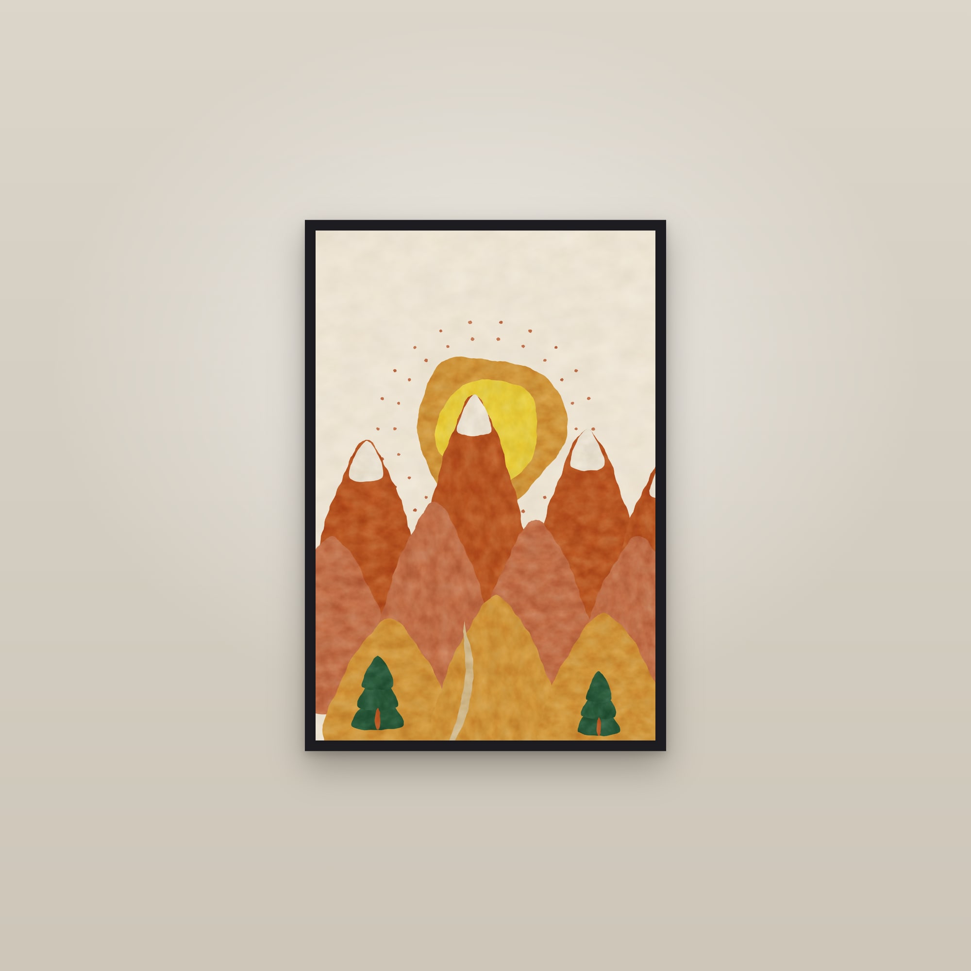 Abstract Mountain Print — The Warm Peaks — framed in a gallery setting