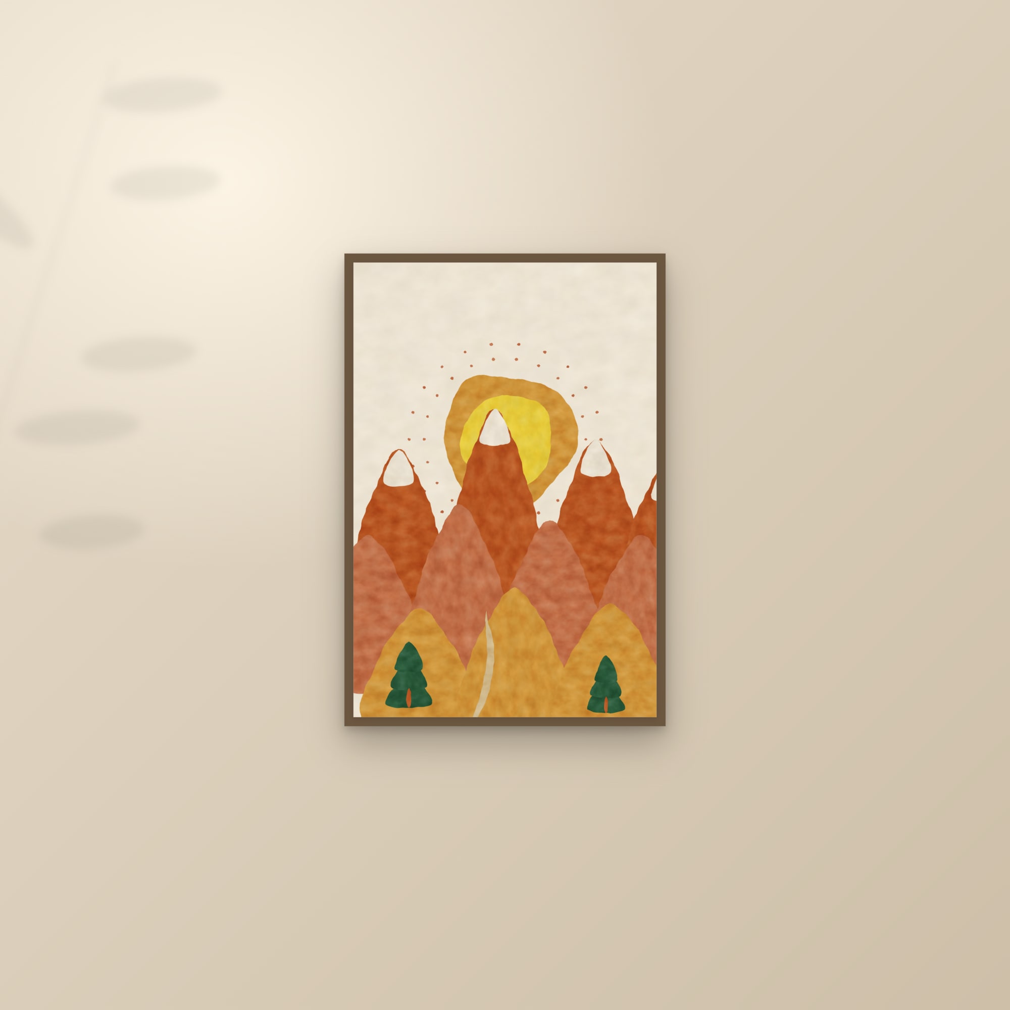 Abstract Mountain Print — The Warm Peaks — framed and styled on a sunlit wall