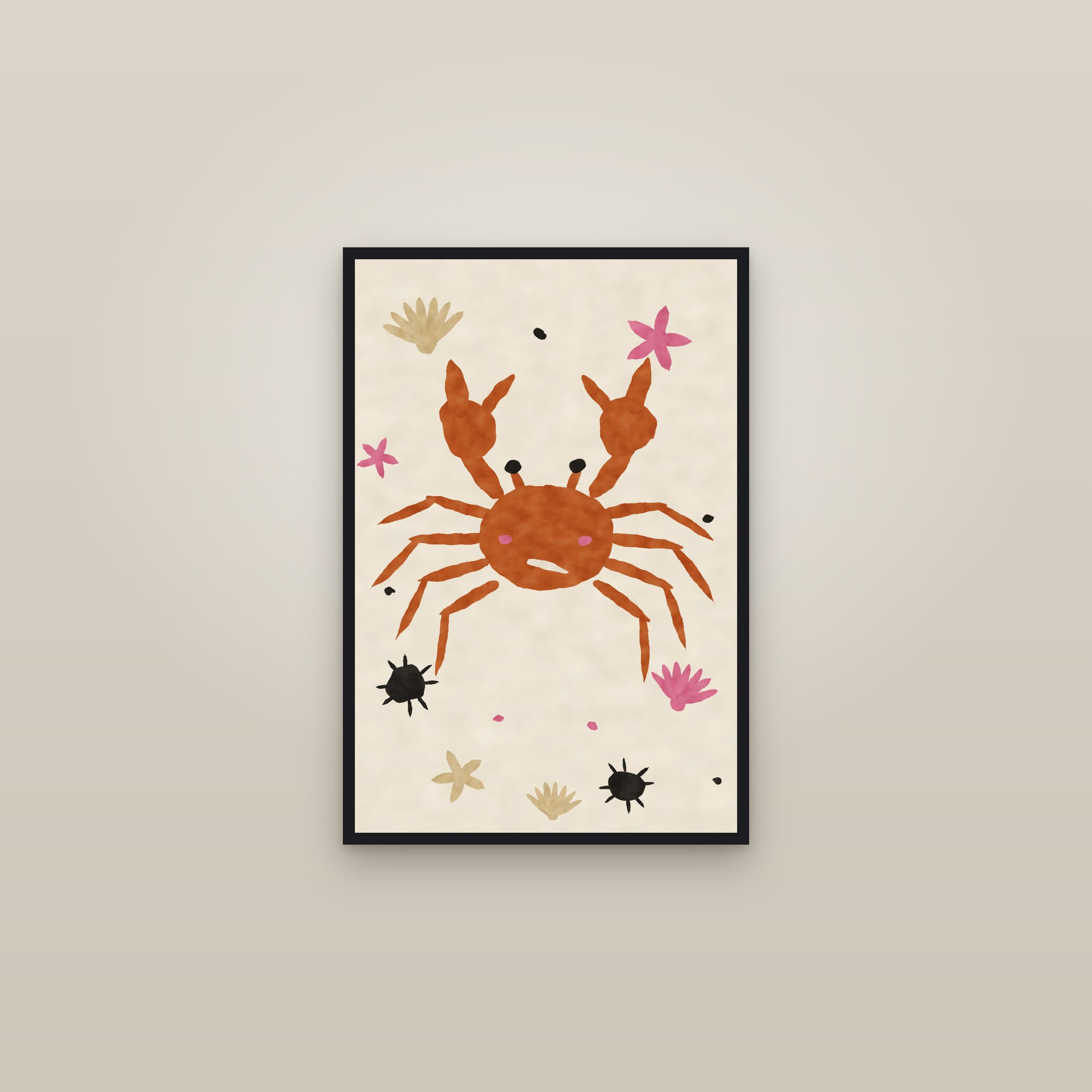 Crab Print — The Crab & Shells — framed in a gallery setting