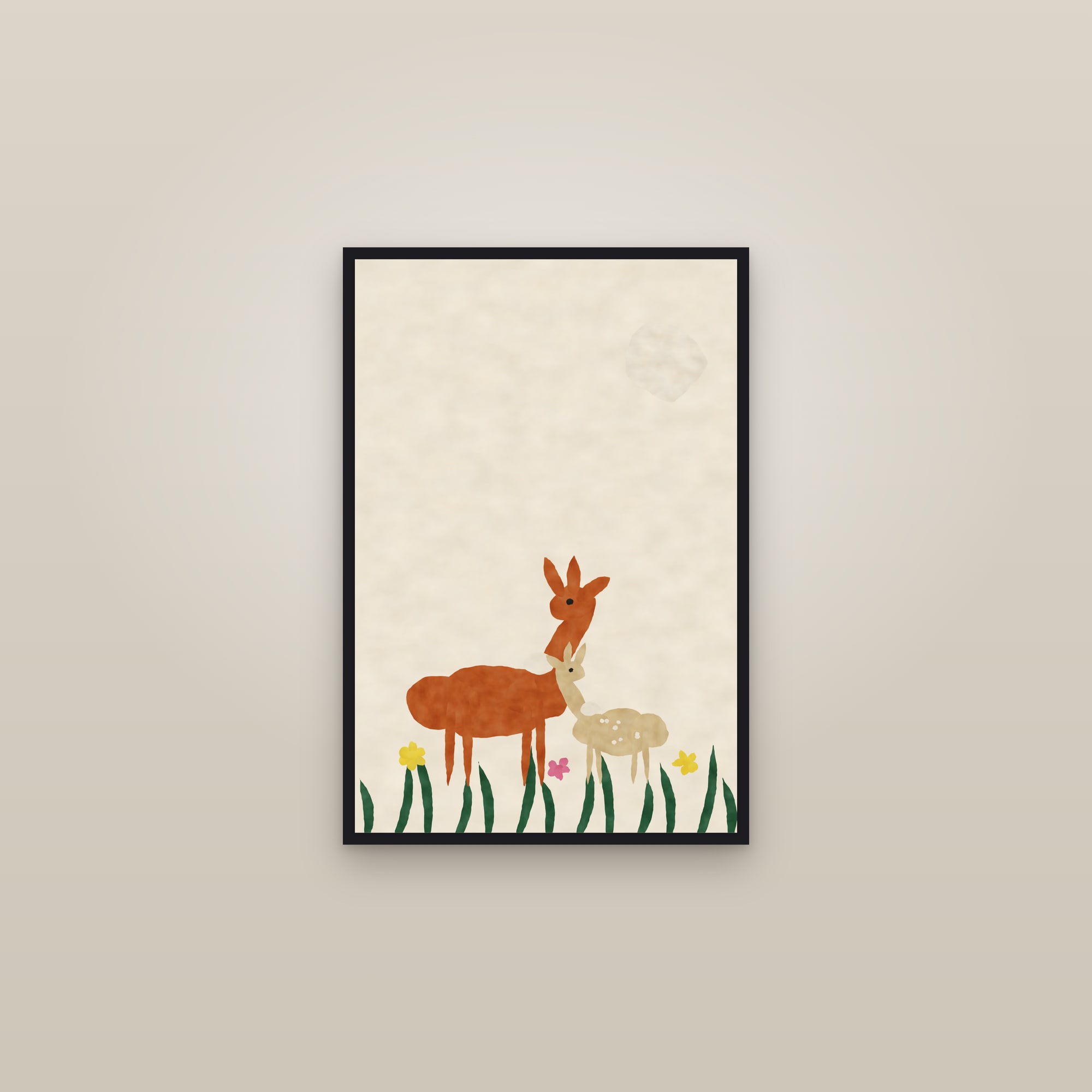 Deer Print — The Doe & Fawn — framed in a gallery setting