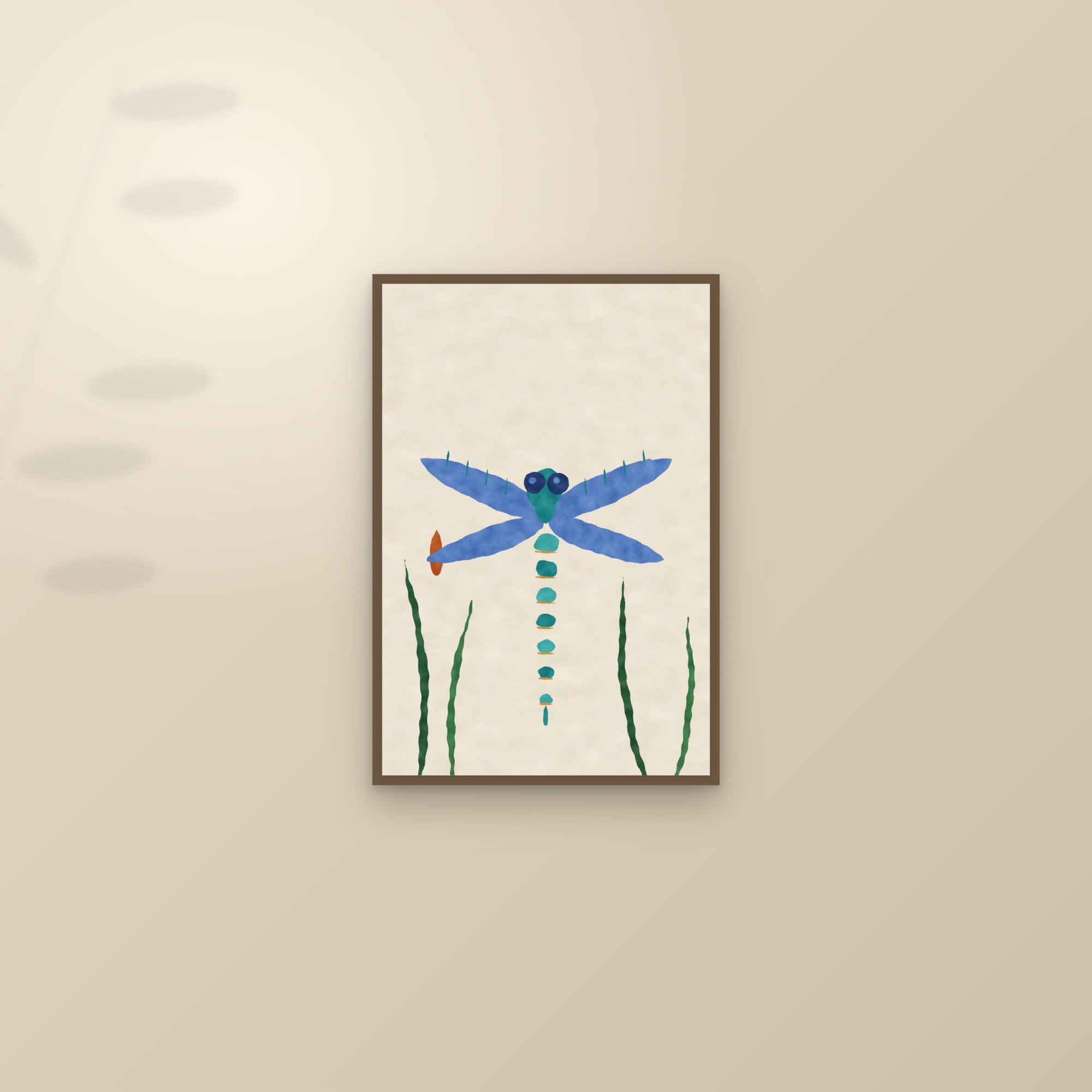 Abstract Dragonfly Print — The Dragonfly — framed and styled on a sunlit wall