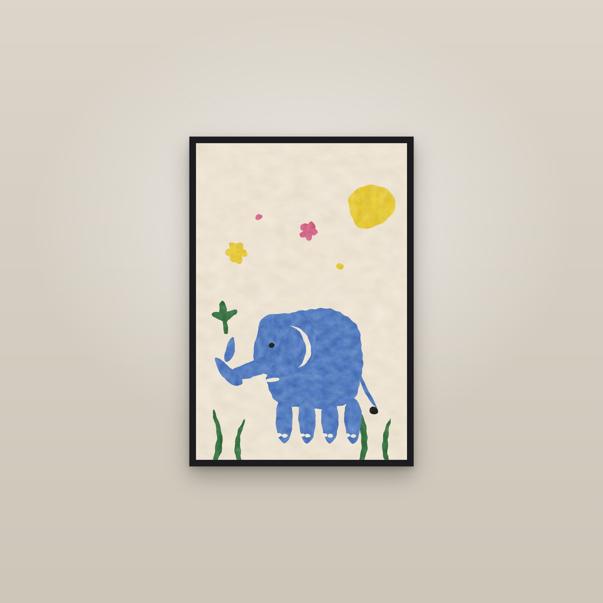 Elephant Print — The Little Elephant — framed in a gallery setting