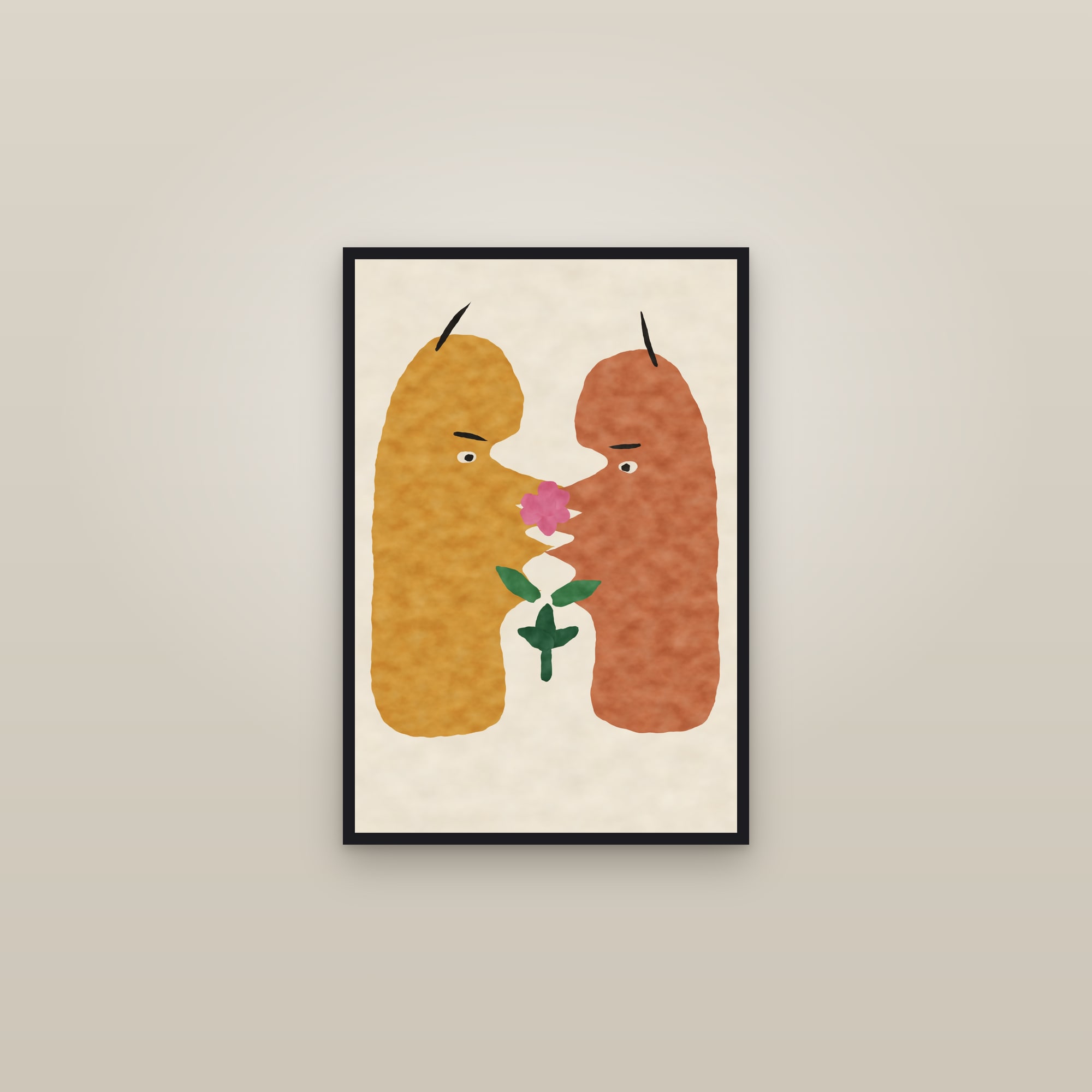 Abstract Faces Print — The Two Faces — framed in a gallery setting