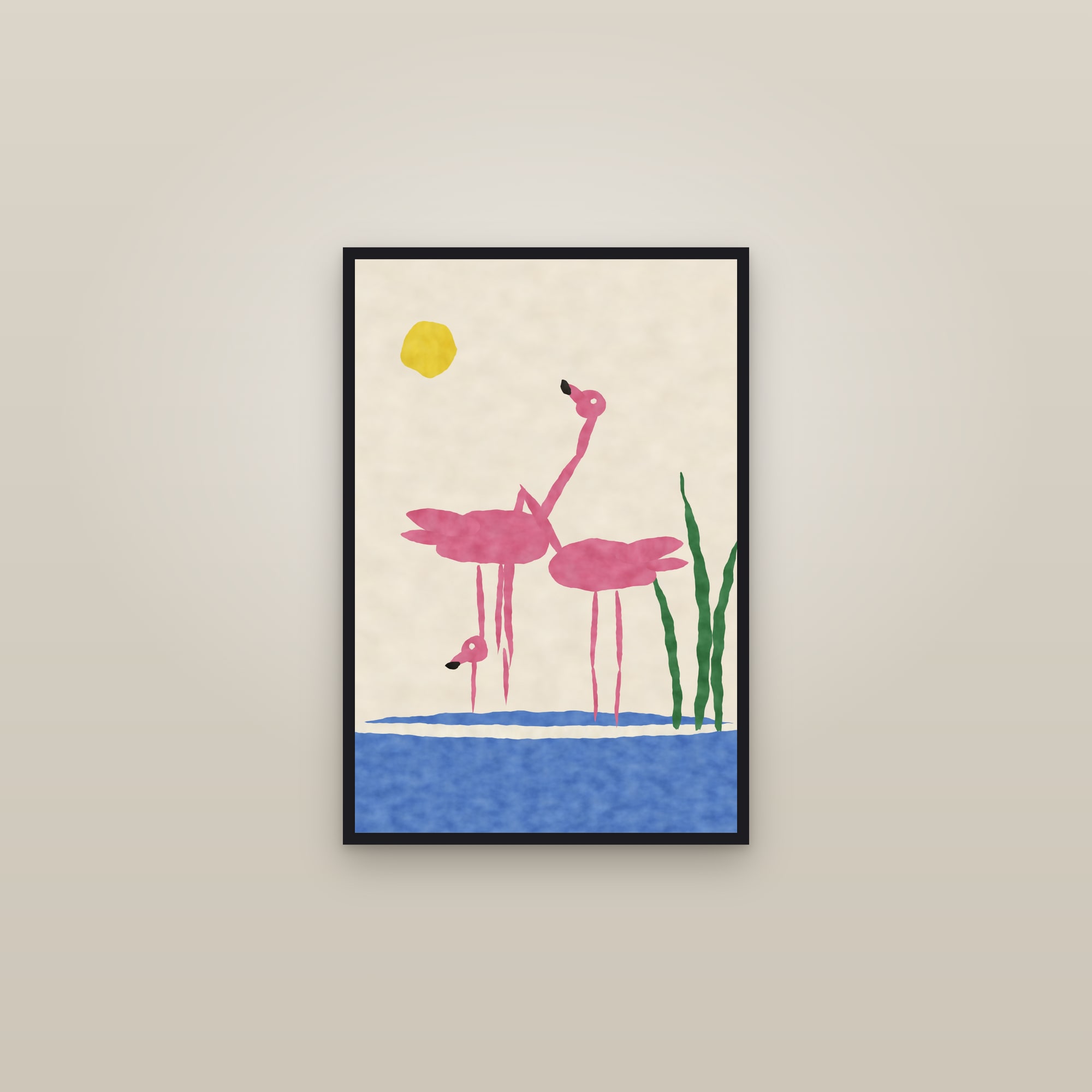 Flamingo Print — The Flamingo Pair — framed in a gallery setting