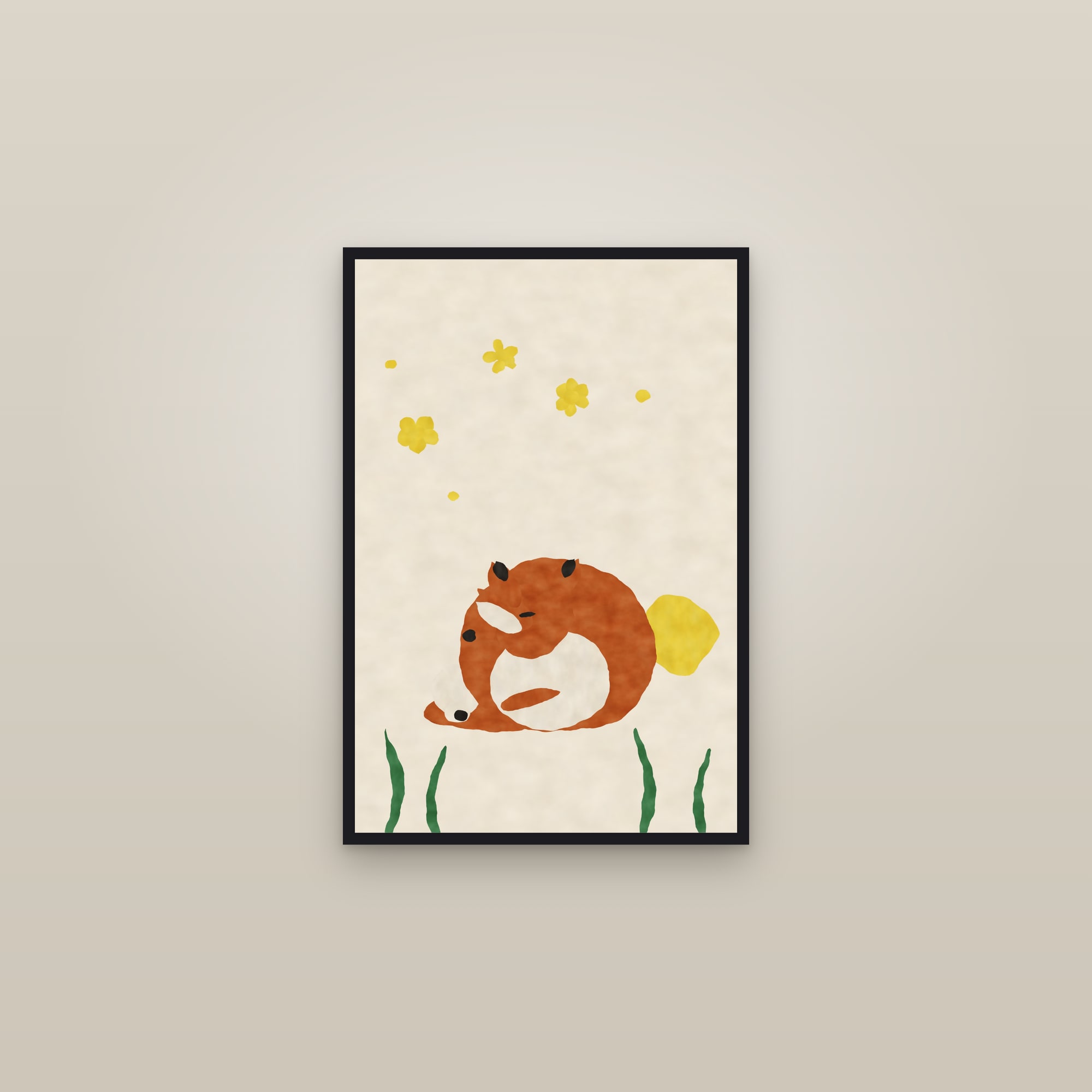 Fox Print — The Curled Fox — framed in a gallery setting