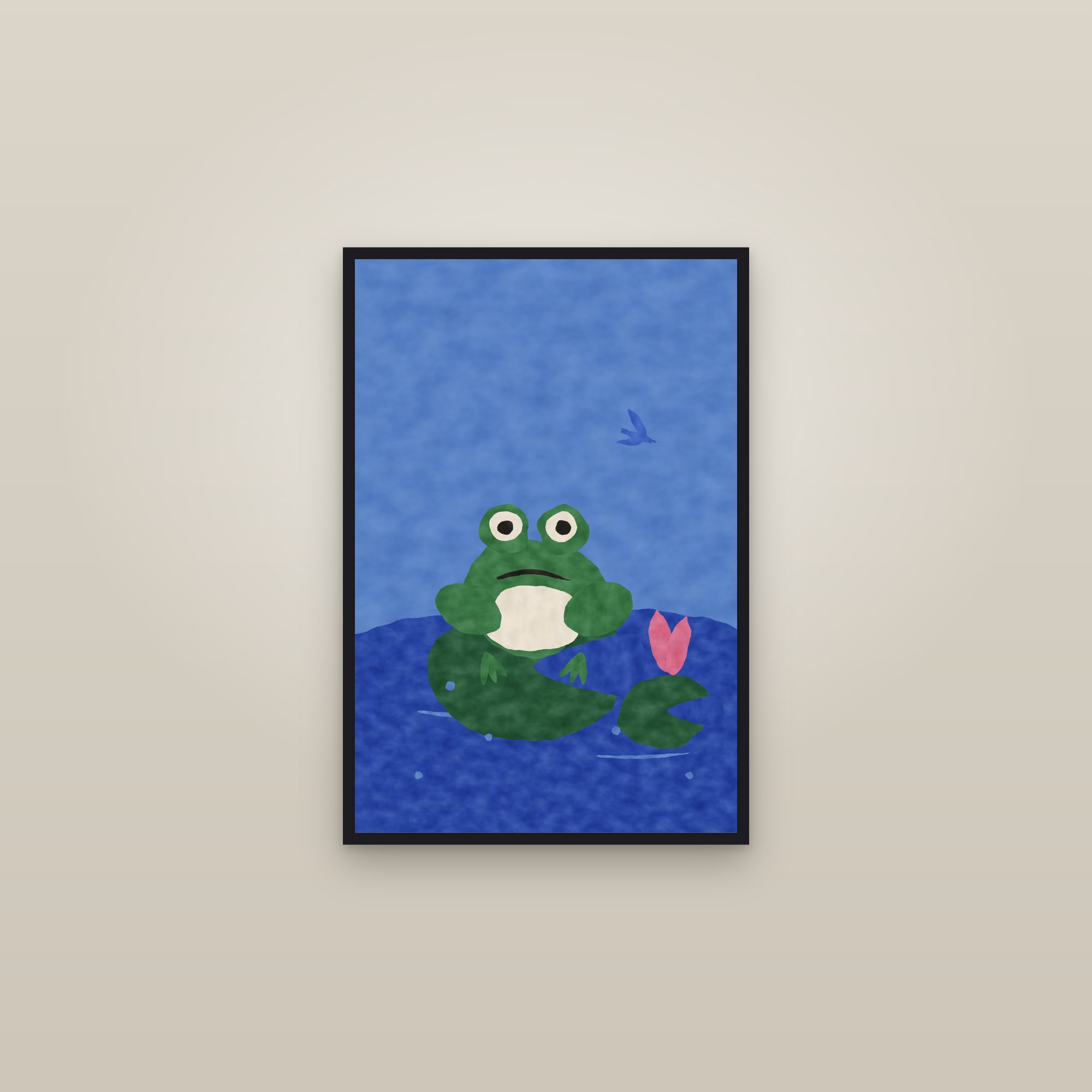 Frog Print — The Pond Frog — framed in a gallery setting