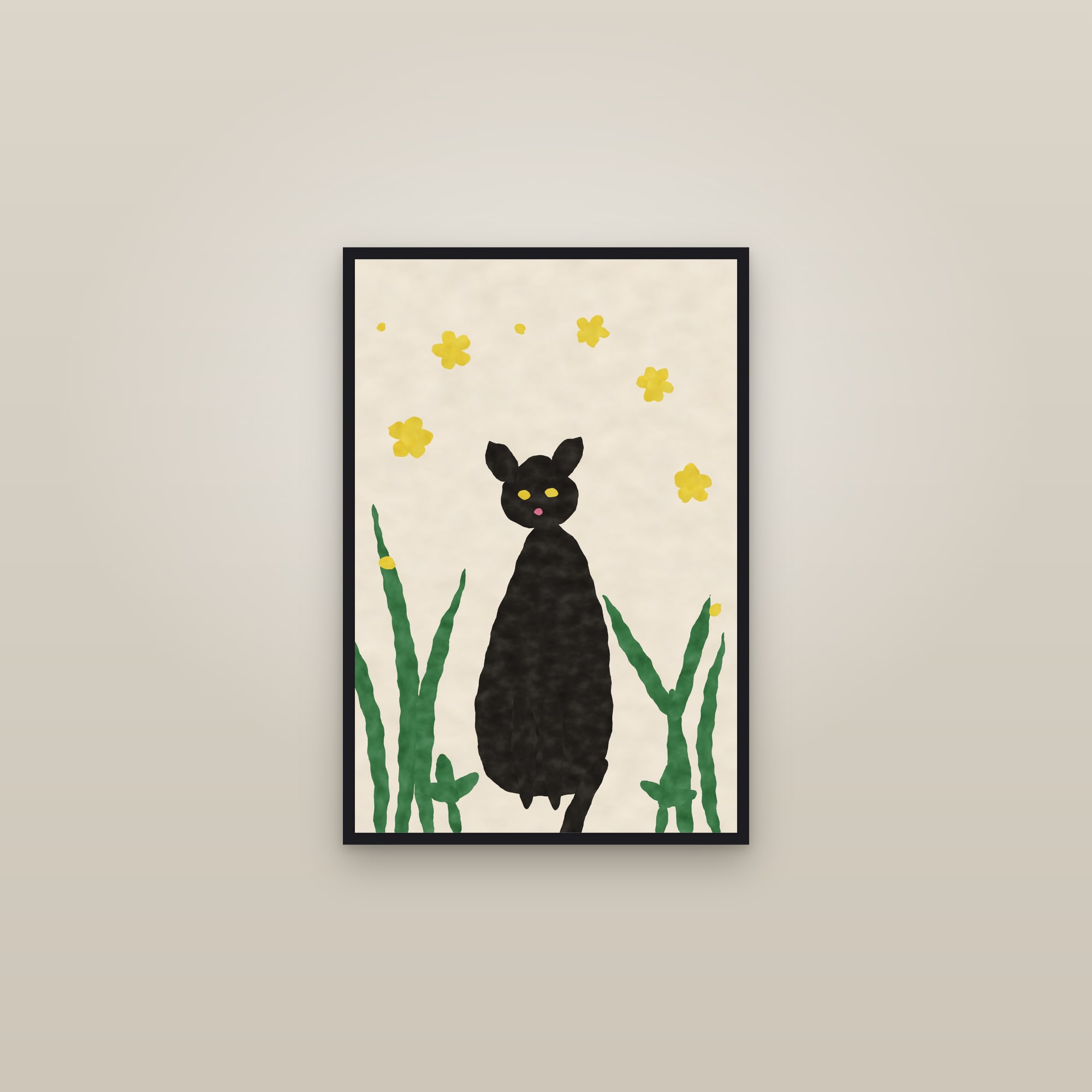 Black Cat Print — The Garden Cat — framed in a gallery setting