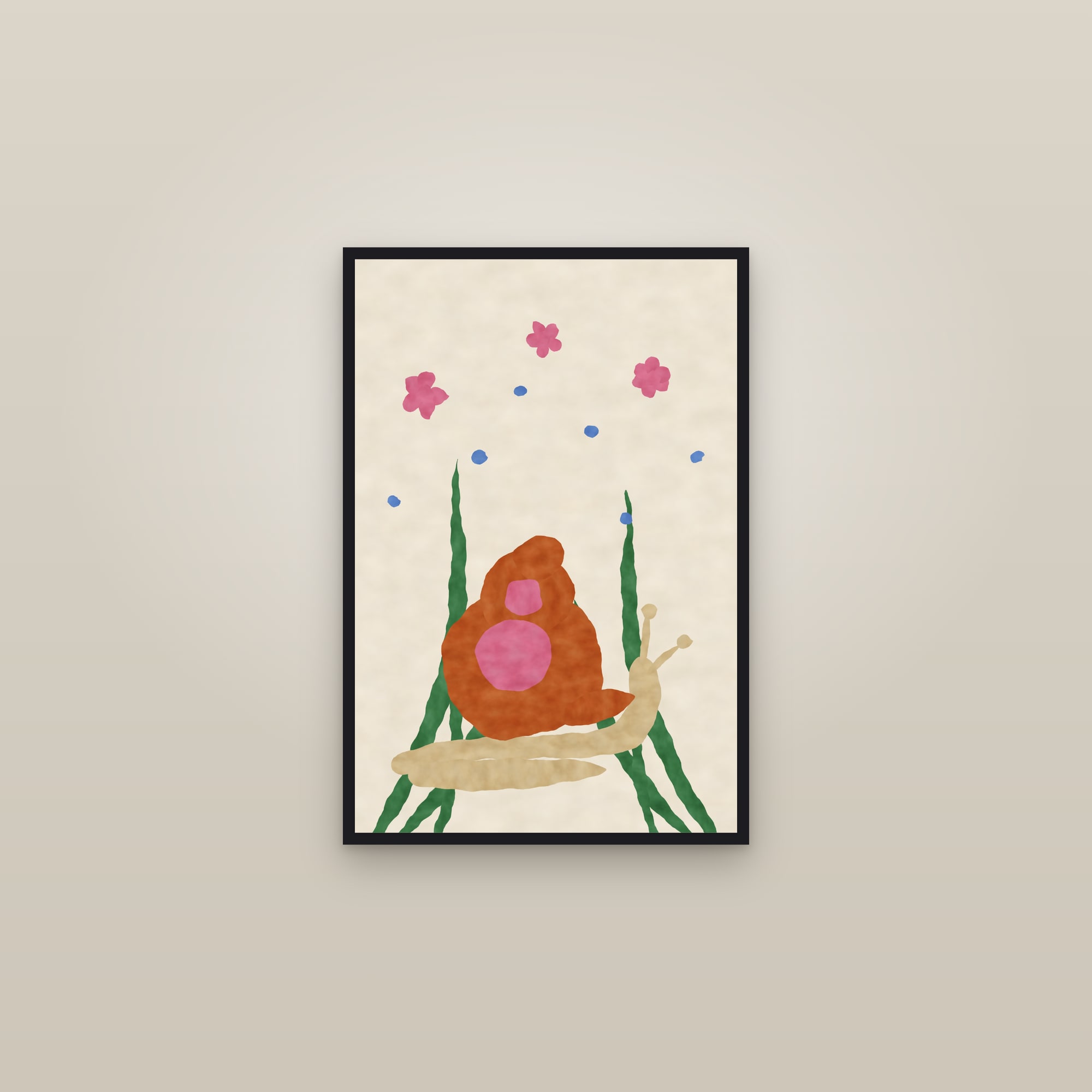 Snail Print — The Garden Snail — framed in a gallery setting