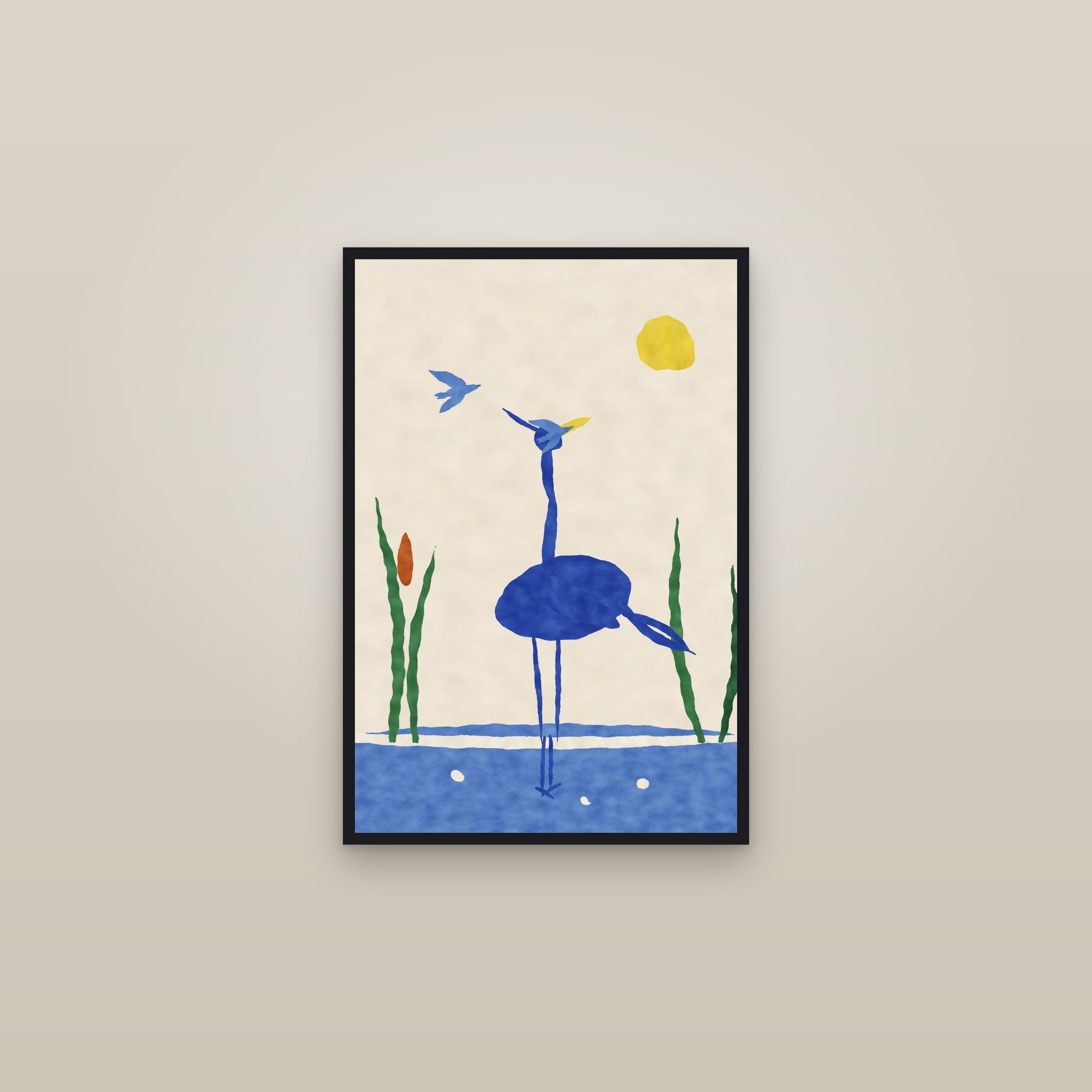 Heron Print — The Wading Heron — framed in a gallery setting