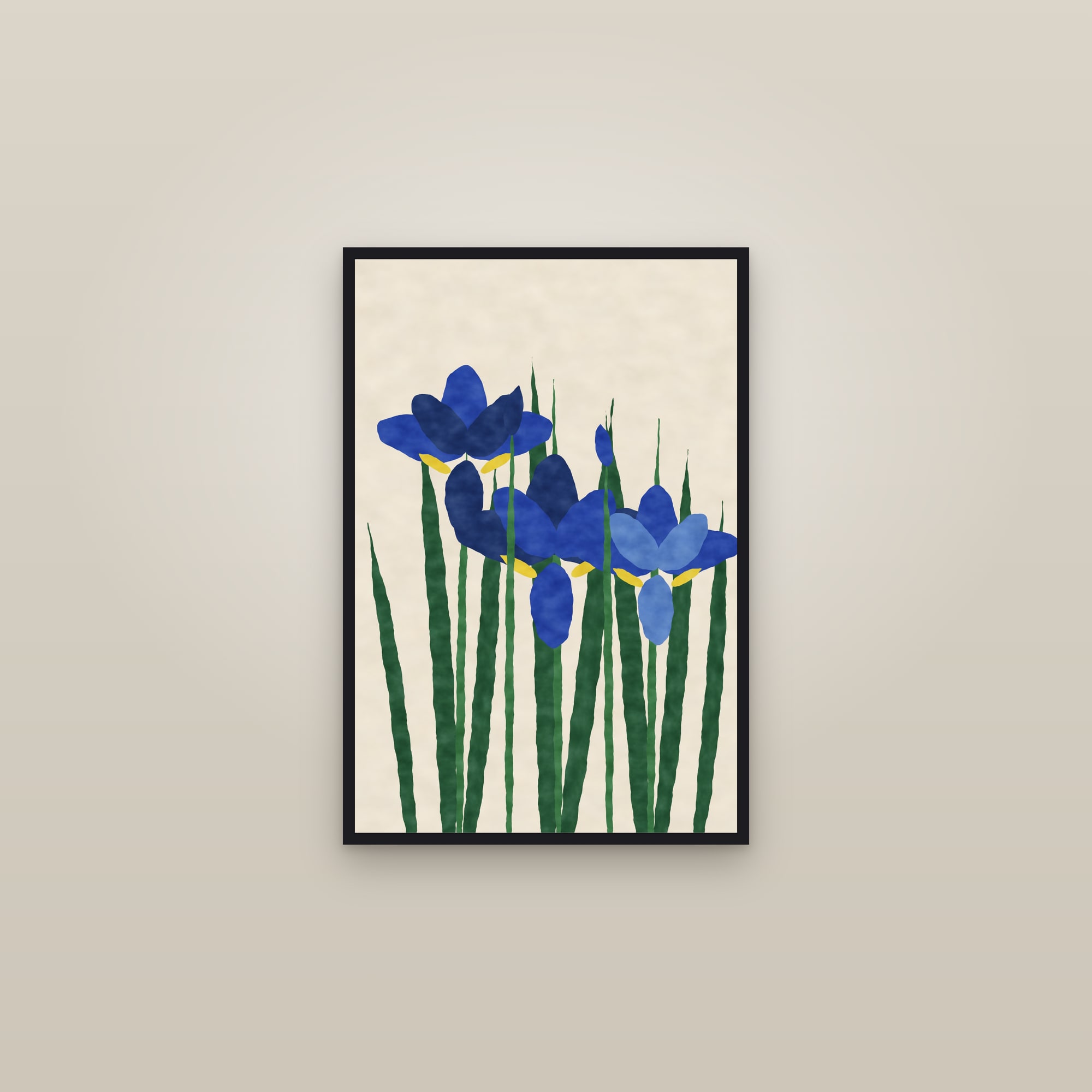 Iris Print — The Blue Irises — framed in a gallery setting