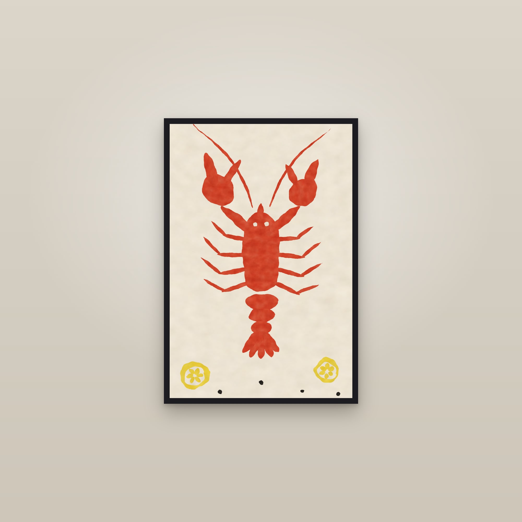 Lobster Print — The Vermilion Lobster — framed in a gallery setting