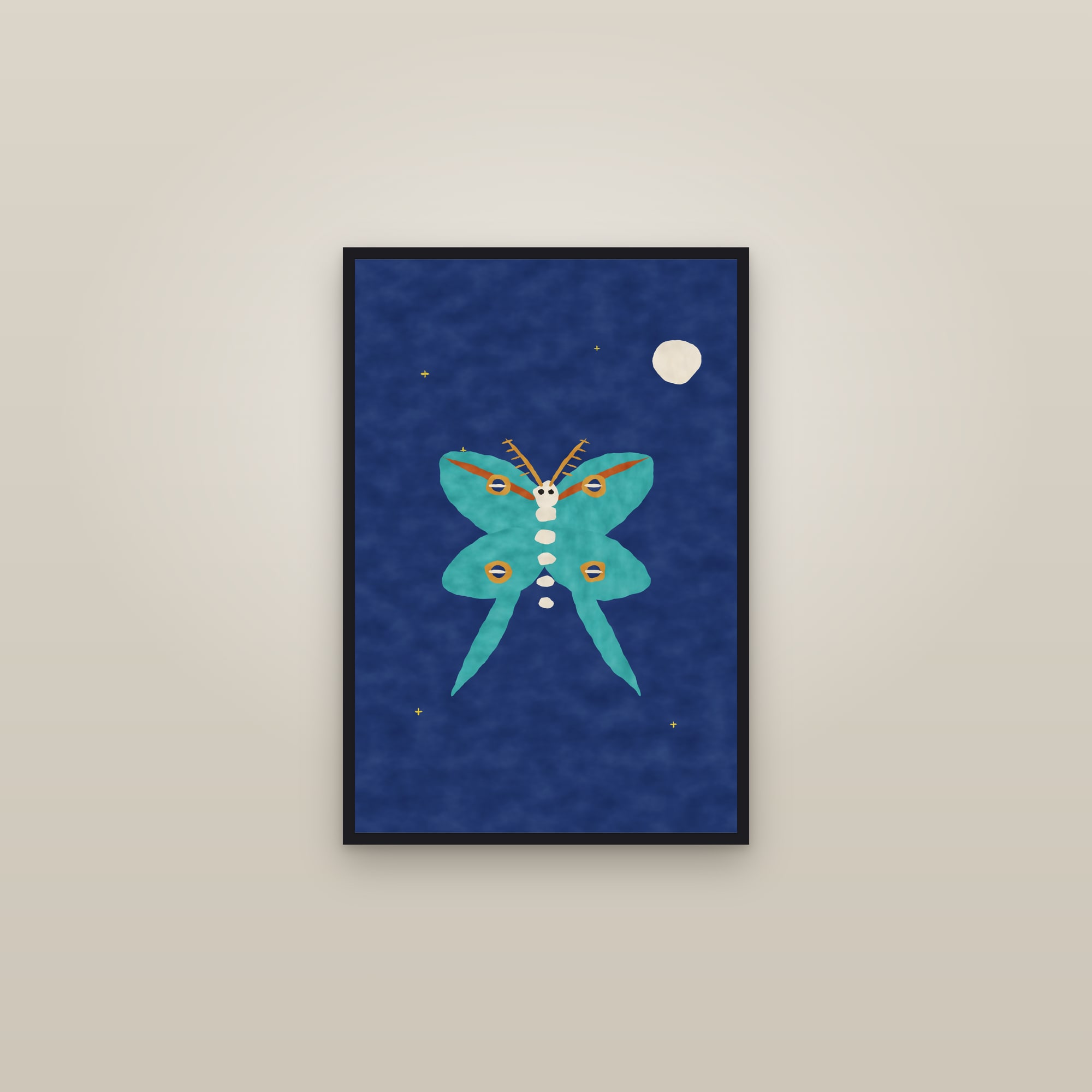 Abstract Moth Print — The Luna Moth — framed in a gallery setting