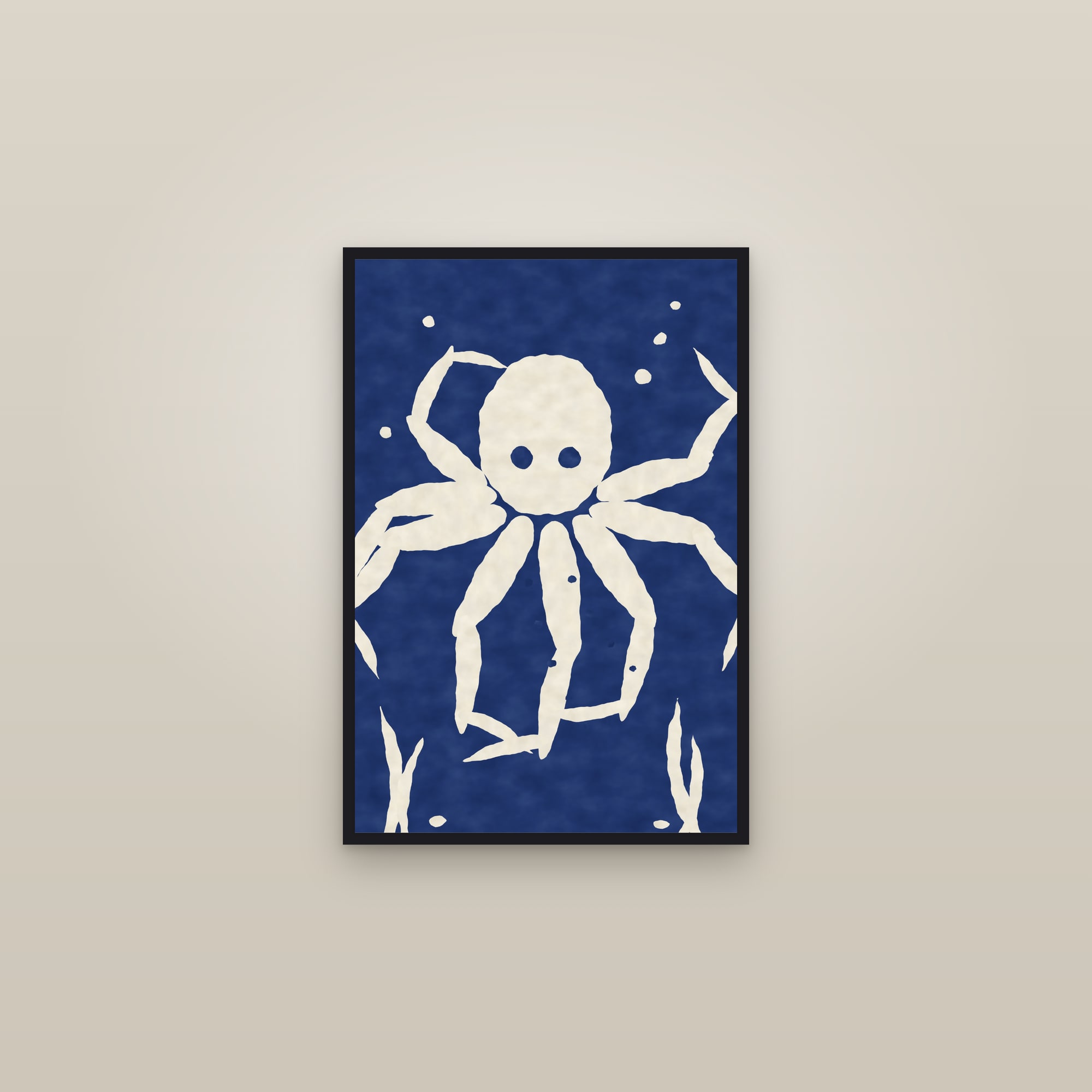 Octopus Print — The Navy Octopus — framed in a gallery setting