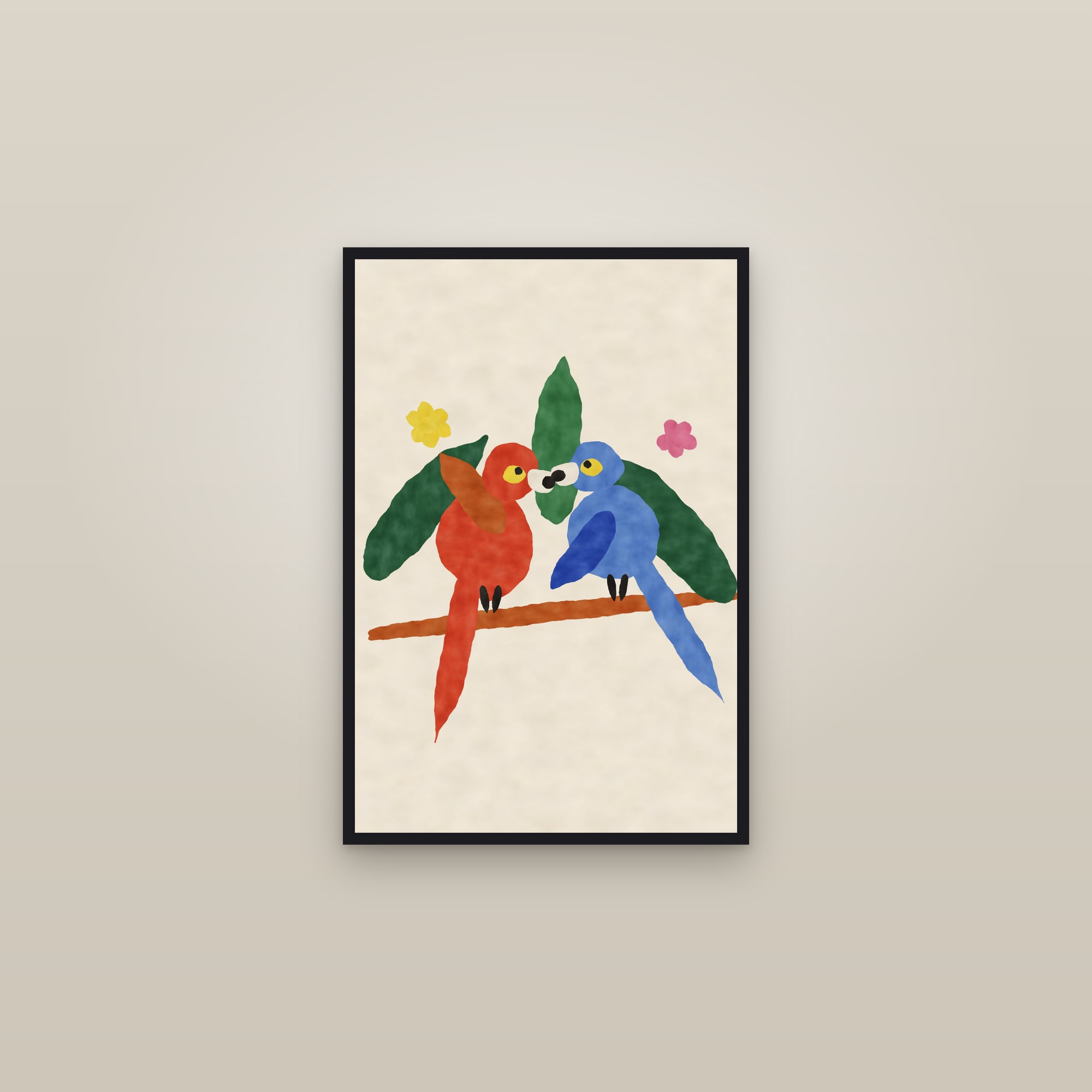 Parrot Print — The Parrot Pair — framed in a gallery setting