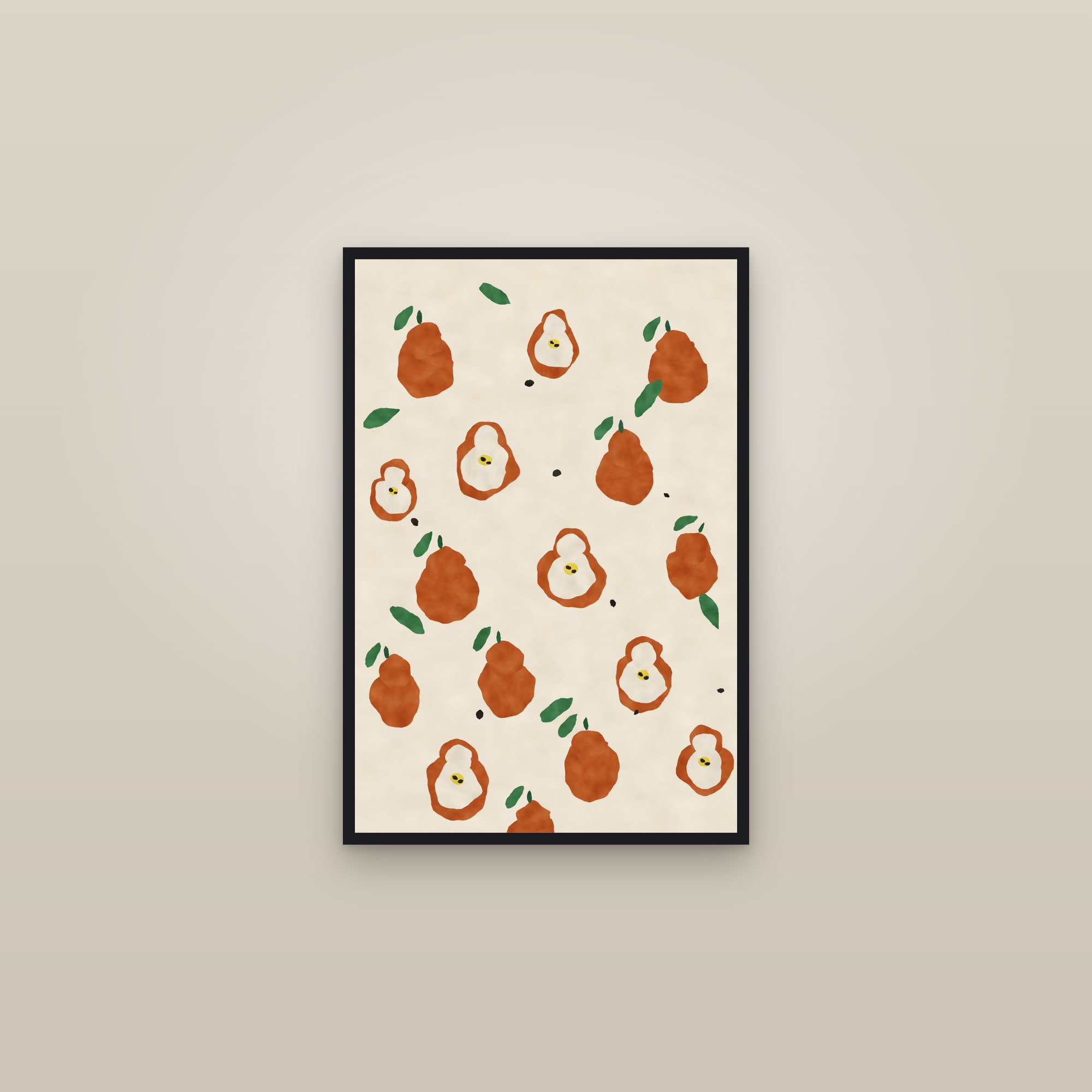 Pear Print — The Cut Pears — framed in a gallery setting
