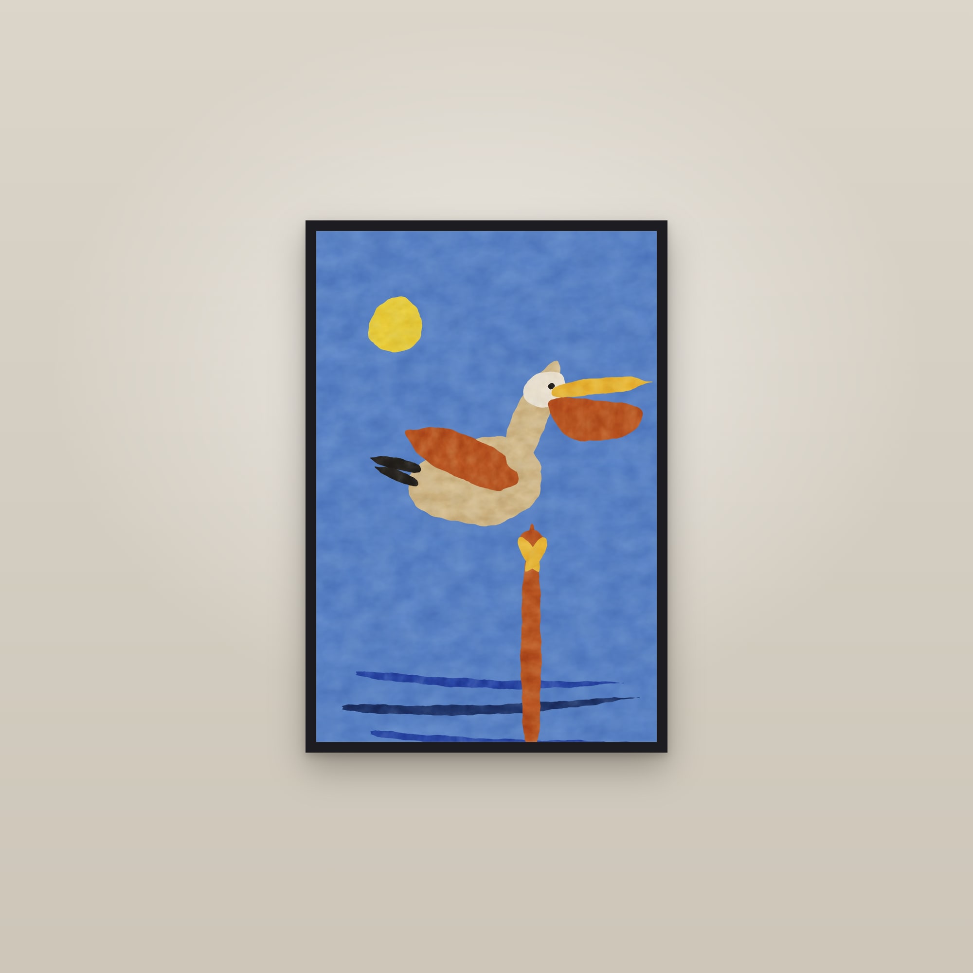 Pelican Print — The Harbour Pelican — framed in a gallery setting
